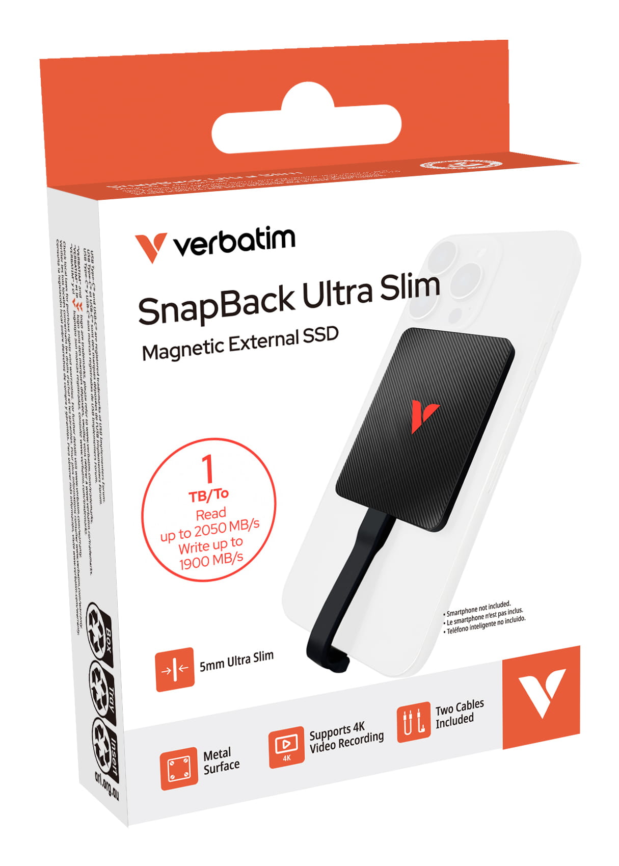 Verbatim SnapBack Ultra Slim SSD 1TB, 1 TB, USB Typ-C, USB 3.2 Gen 2x2, 2050 MB/s, 20 Gbit/s, Schwarz