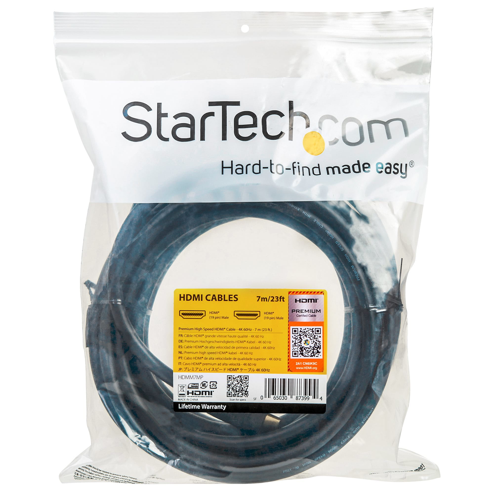StarTech.com 4K HDMI Kabel - 7m - Premuim High Speed HDMI Kabel 60Hz - HDMI 2.0 - HDR - 3D - 1080p- Stecker/Stecker - 4K Wiedergabe - HDMI mit Ethernetkabel - HDMI (M)