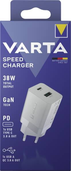Varta Netzteil - 38 Watt - 3 A - PD, QC - 2 Ausgabeanschlussstellen (USB-C, USB)