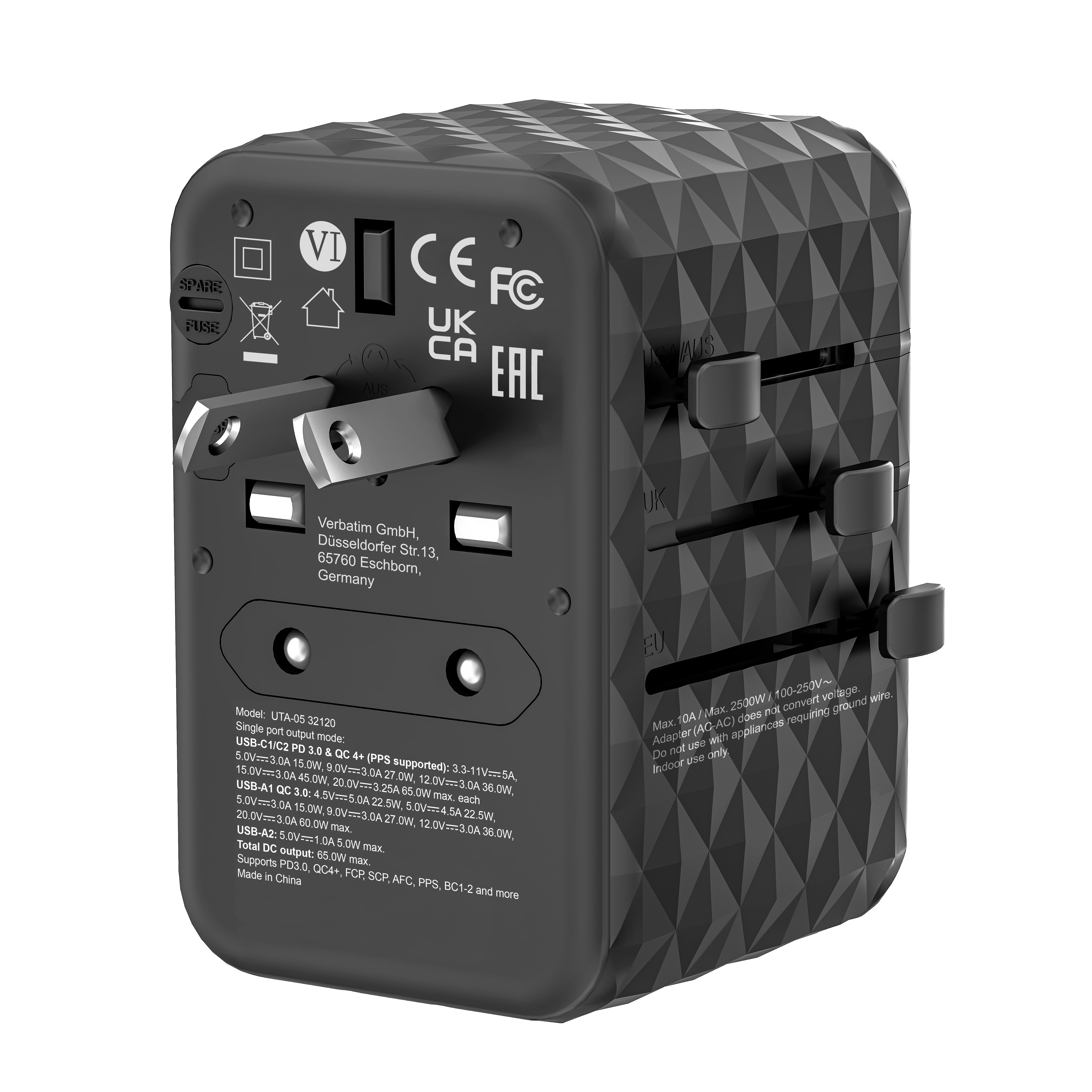 Verbatim UTA-05 - Netzteil - GaN III, Universal - 65 Watt - 5 A - PD 3.0, QC 4.0+, QC 3.0, Fast Charge, Super Charge, Apple Fast Charge, PD/PPS, USB BC 1.2 - 4 Ausgabeanschlussstellen (2 x USB-C, 2 x USB)