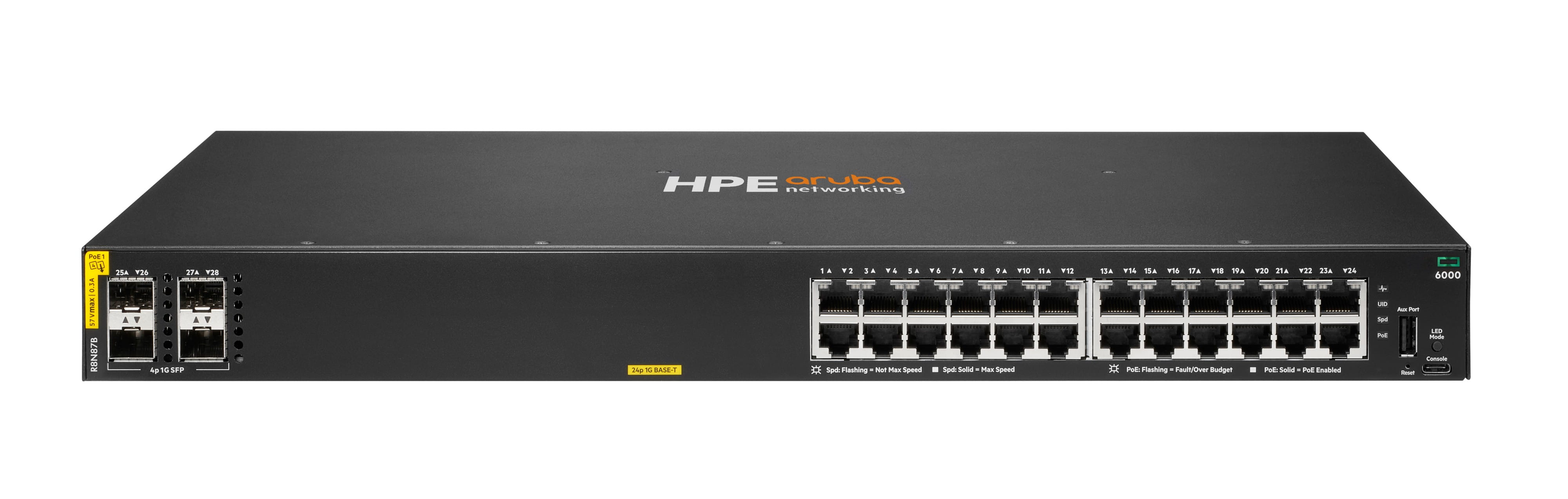 HPE Aruba Networking CX 6000 24p 10M/100M/1G Class4 PoE 4p SFP 1G 370W Switch, Managed, L3, Gigabit Ethernet (10/100/1000), Power over Ethernet (PoE), Rack-Einbau, 1U