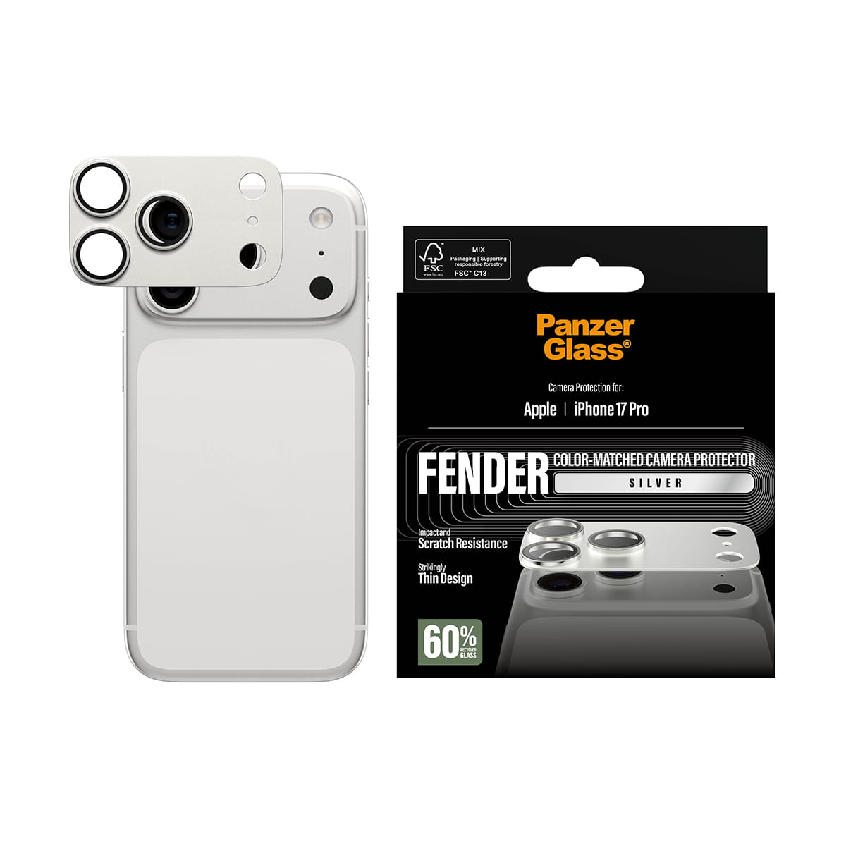PanzerGlass ® Fender Kameraschutz Silber iPhone 17 Pro, Apple, Apple - iPhone 17 Pro, Trockene Anwendung, Kratzresistent, Schockresistent, Silber, 1 Stück(e)