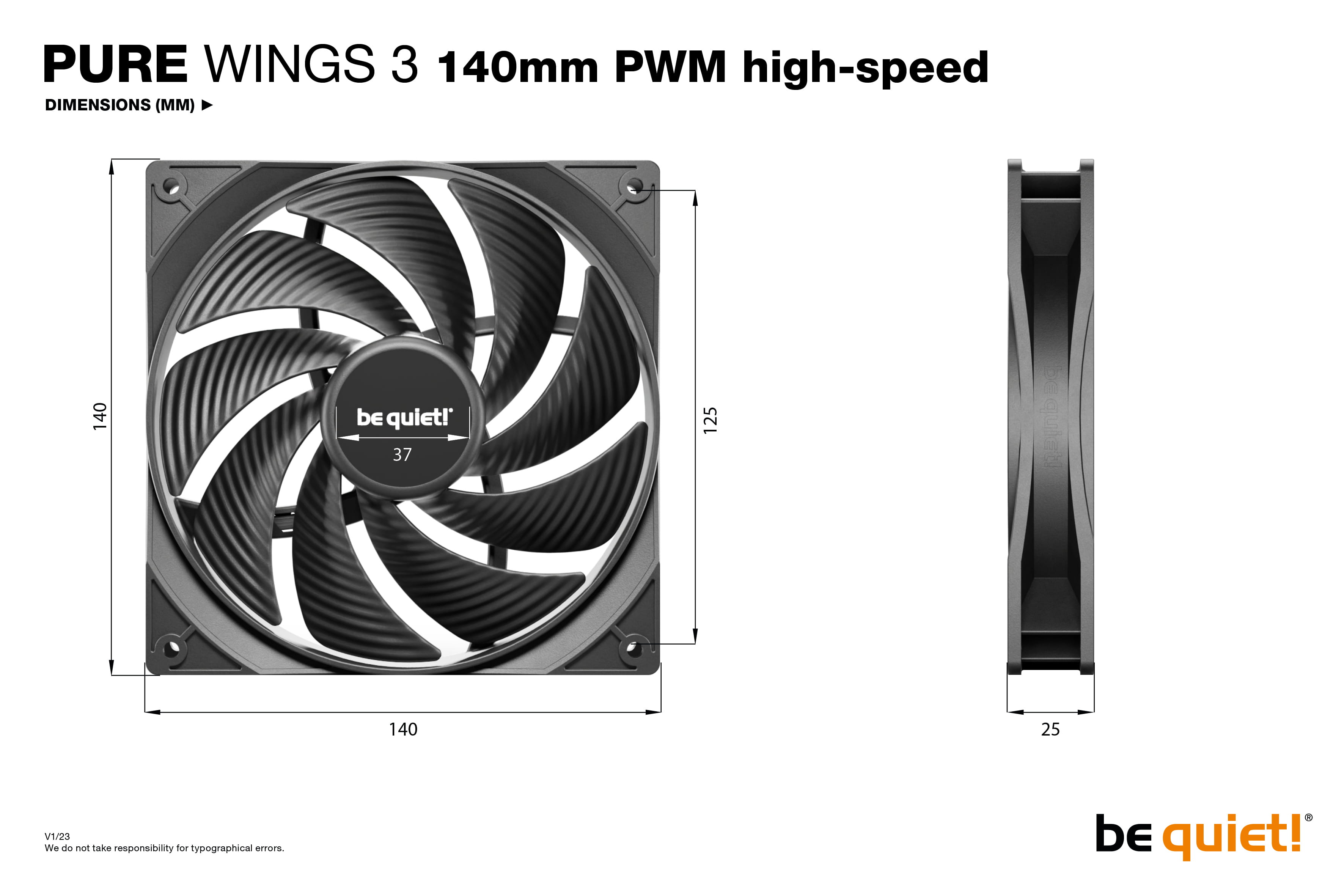 Be Quiet! Pure Wings 3 140mm | PWM high-speed Triple Pack, Ventilator, 14 cm, 1800 RPM, 122,6 m³/h, Schwarz