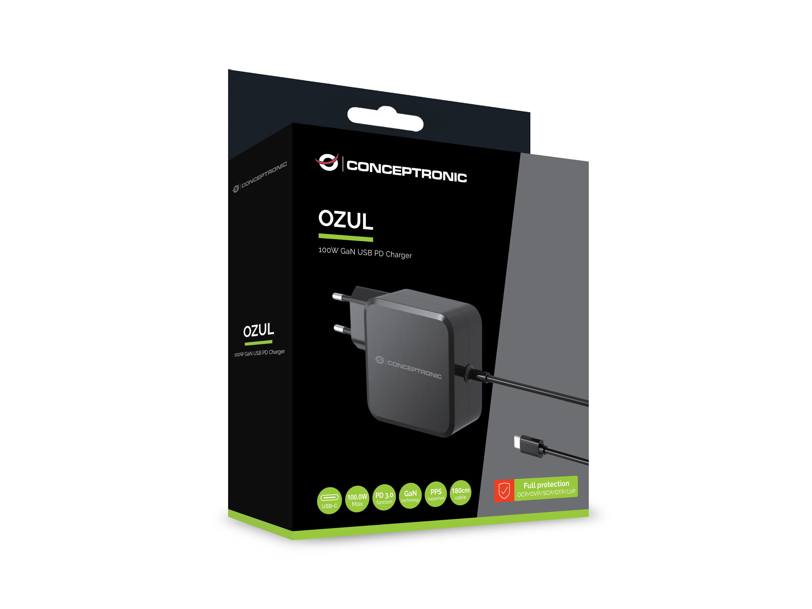 Conceptronic OZUL05BE 100W GaN USB-PD-Ladegerät, Eingebautes USB-C-Kabel, Drinnen, AC, 20 V, 1,8 m, Schwarz