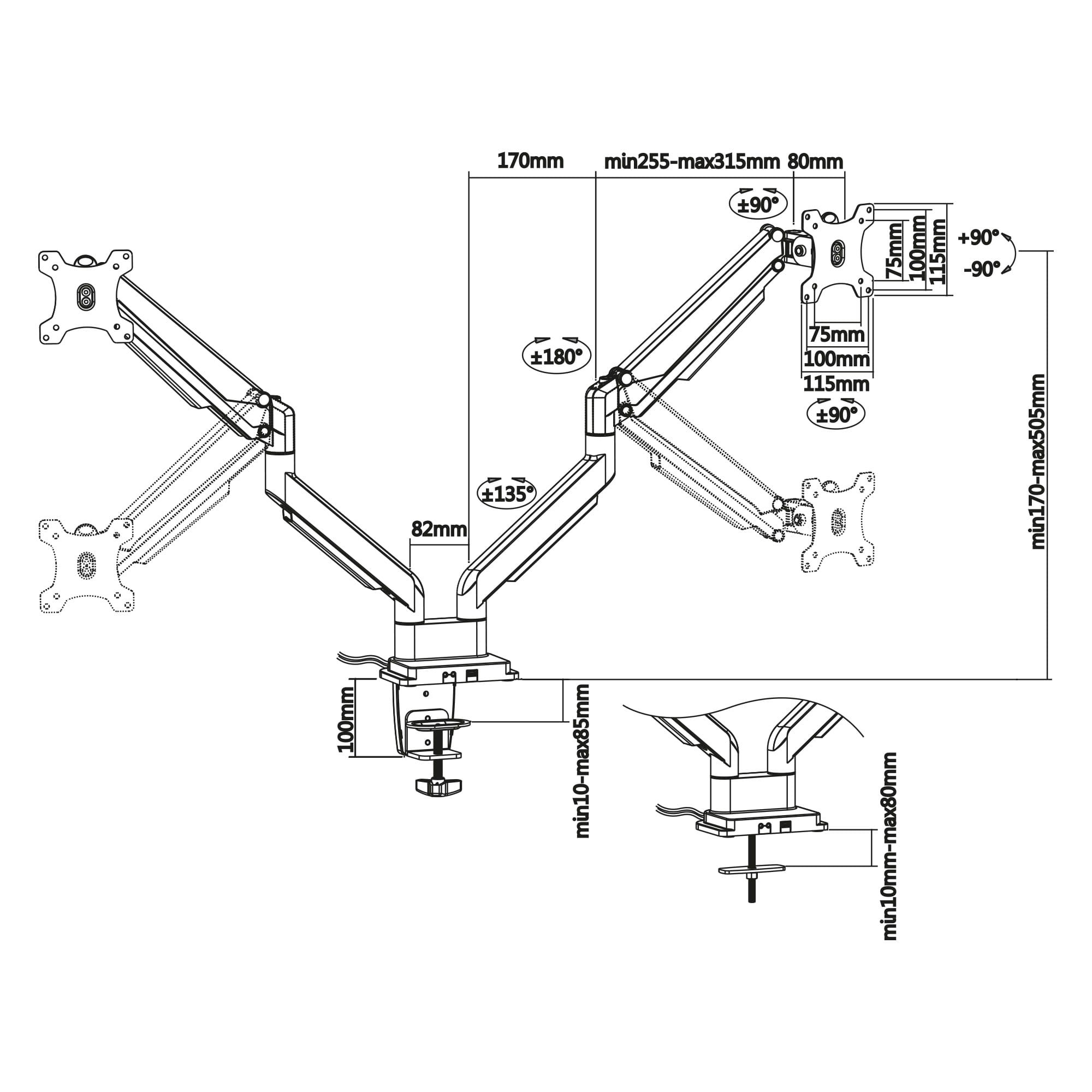 InLine Tischhalterung mit Lifter & USB/Audio - 2 Monitore bis 81cm (32"),schwarz