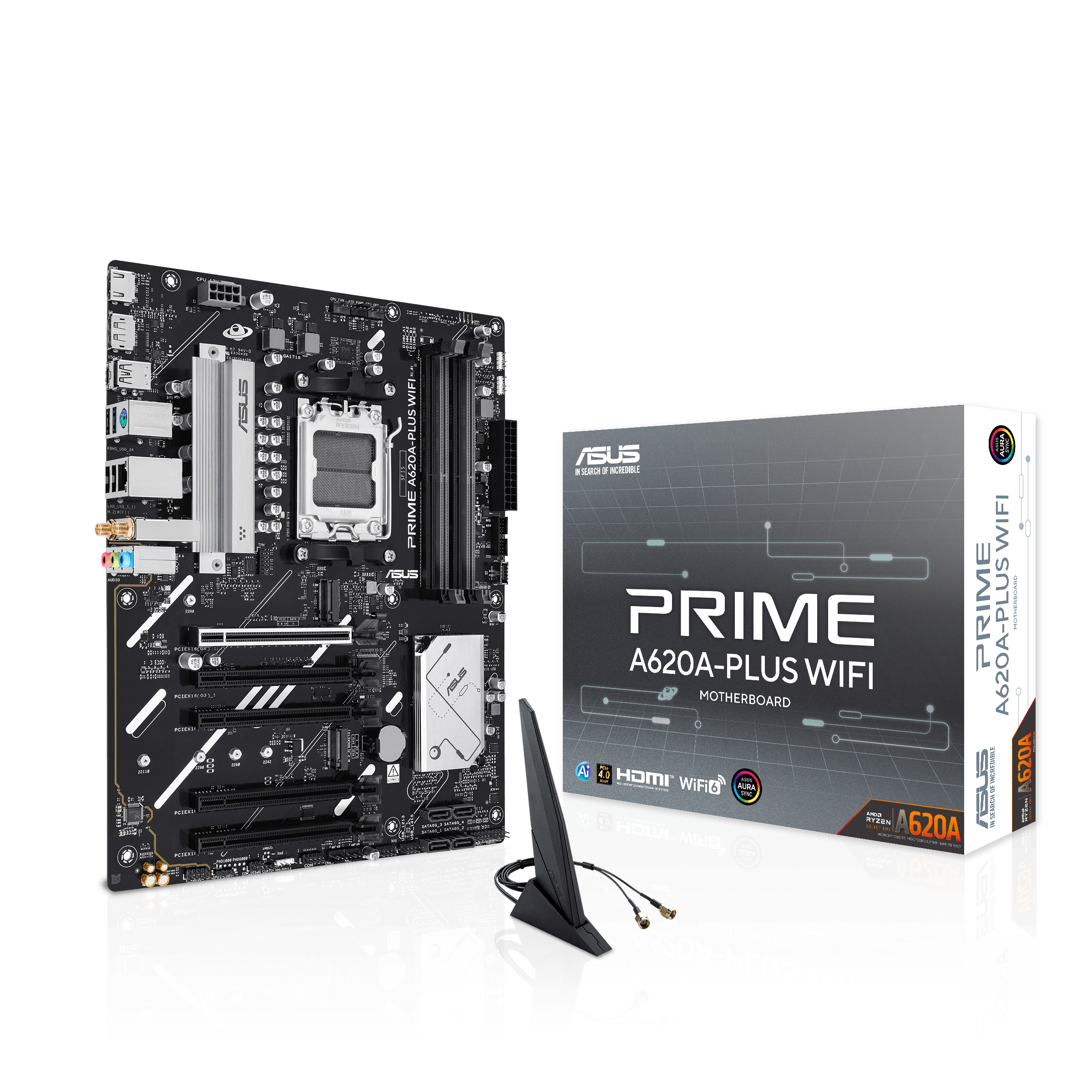 ASUS PRIME A620A-PLUS WIFI - Motherboard - ATX - Socket AM5 - AMD A620A Chipsatz - USB-C 3.2 Gen 1, USB 3.2 Gen 1 - Gigabit LAN, Wi-Fi 6, Bluetooth - Onboard-Grafik (CPU erforderlich)