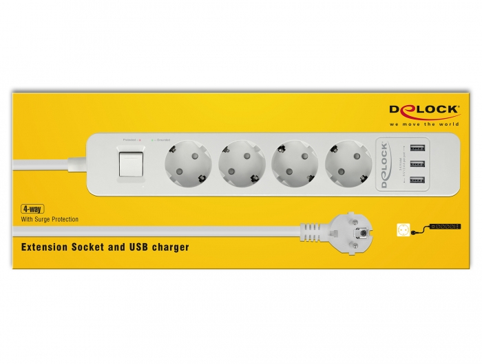 Delock Extension Socket - Steckdosenleiste - Wechselstrom 250 V - 4000 Watt - Eingabe, Eingang power CEE 7/7 - Ausgangsanschlüsse: 4 (3 x USB Typ A, 4 x CEE 7/3)