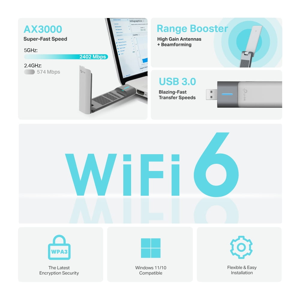 TP-LINK Archer TX50UH, Verkabelt & Kabellos, USB, WLAN, Wi-Fi 6 (802.11ax), 3000 Mbit/s, Schwarz