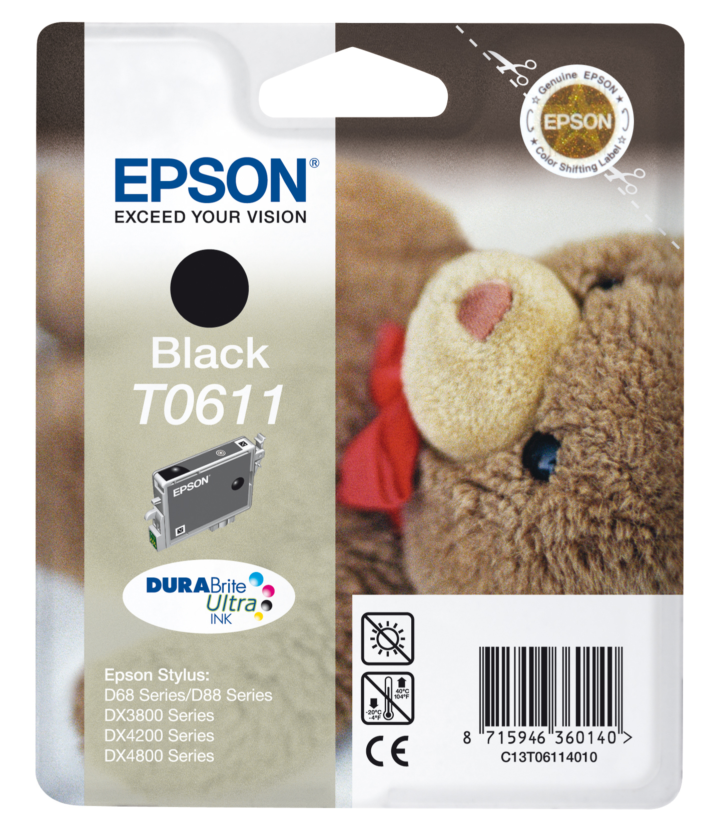 Epson Teddybear Singlepack Black T0611 DURABrite Ultra Ink, Schwarz, Tinte auf Pigmentbasis, 8 ml, 1 Stück(e), Einzelpackung