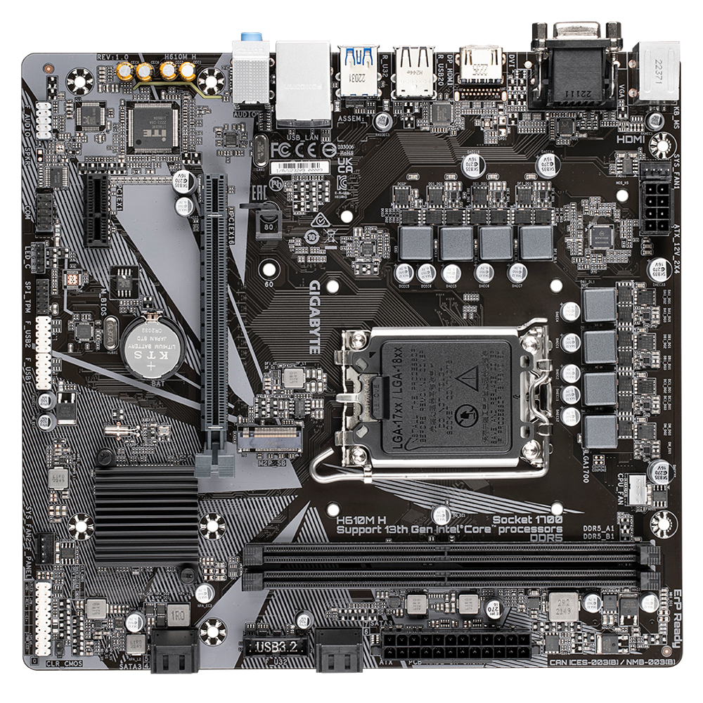 Gigabyte H610M H Motherboard - Unterstützt Intel Core 14. Generation CPUs, 6+1+1 Hybrid Digital VRM, bis zu 5600MHz DDR4 (OC), 1xPCIe 3.0 M.2, GbE LAN, USB 3.2 Gen 1, Intel, LGA 1700, Intel® Celeron®, Intel® Core™ i3, Intel® Core™ i5, Intel® Co