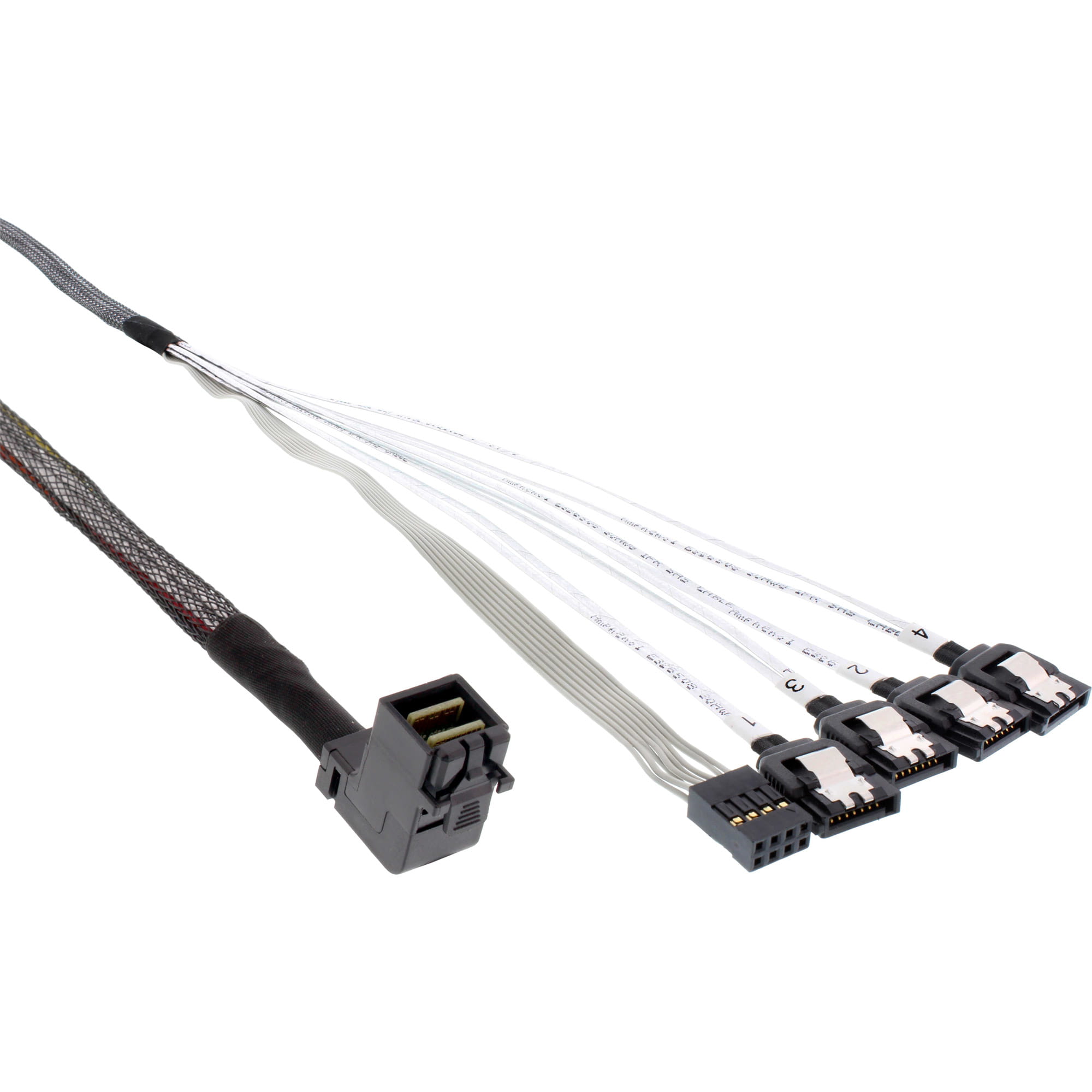 InLine Mini SAS HD Kabel - SFF-8643 gewinkelt zu 4x SATA + Sideband - 0,5m