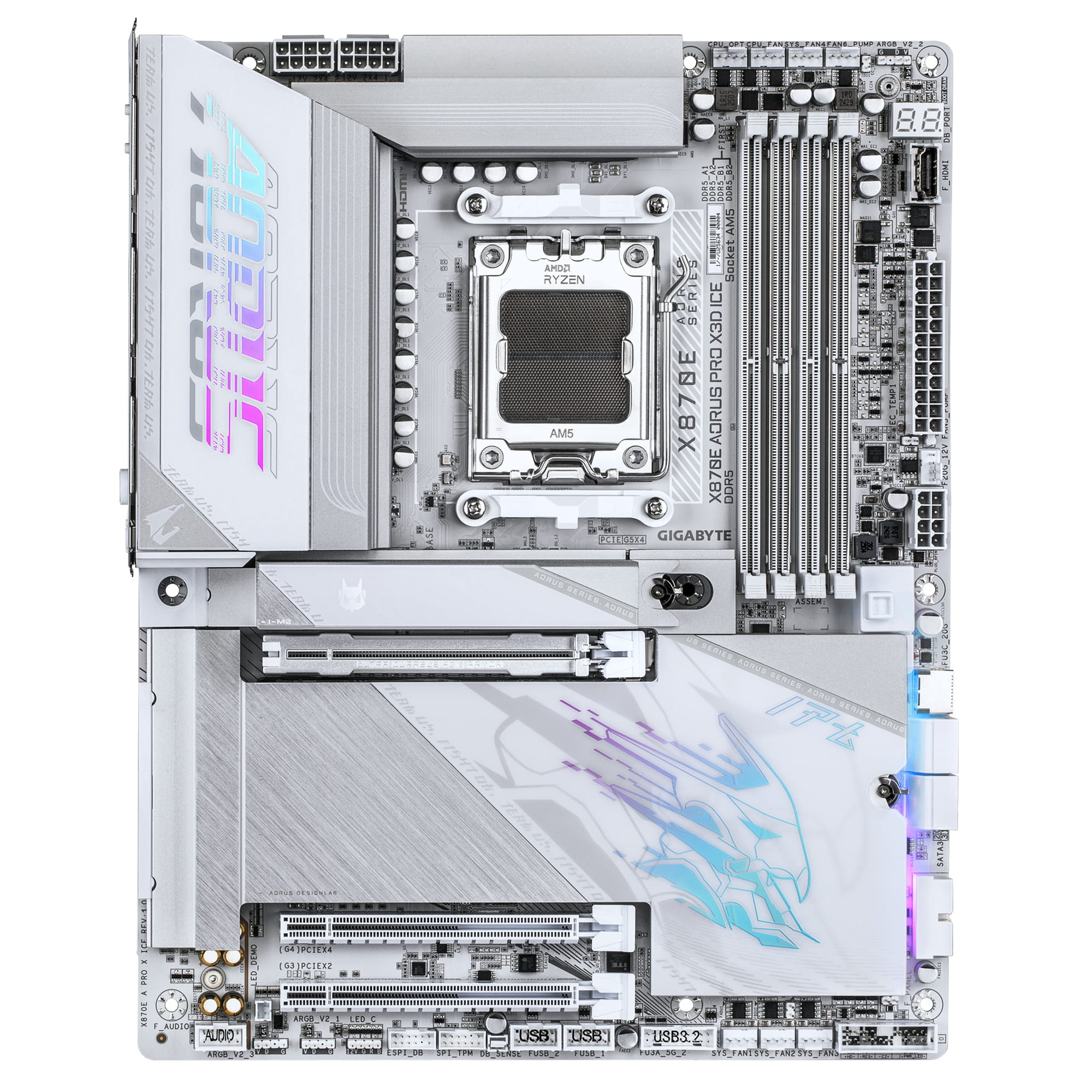 Gigabyte X870E AORUS PRO X3D ICE Mainboard – Unterstützt AMD Ryzen 9000 Prozessoren, 18+2+2-Phasen Digital-VRM, bis zu 9000 Hz DDR5 (OC), 2 x PCIe 5.0 + 2 x PCIe 4.0, Wi-Fi 7, 5 GbE LAN, USB 4, AMD, Sockel AM5, AMD Ryzen 7000 Series, AMD Ryzen 8000 Se