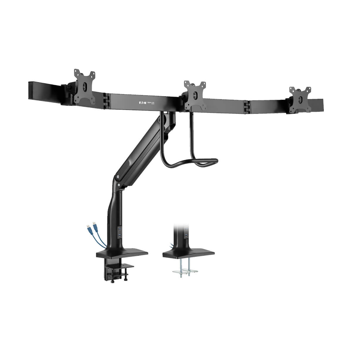Eaton Tripp Lite Series Precision-Placement Triple-Display Desk Clamp with Antimicrobial Tape for 17" to 32" Displays, USB Ports - Aufstellung - Voll beweglich - für 3 LCD-Anzeigen - Aluminium, Stahl - Schwarz - Bildschirmgröße: 43.2-81.3 cm (17"-32")