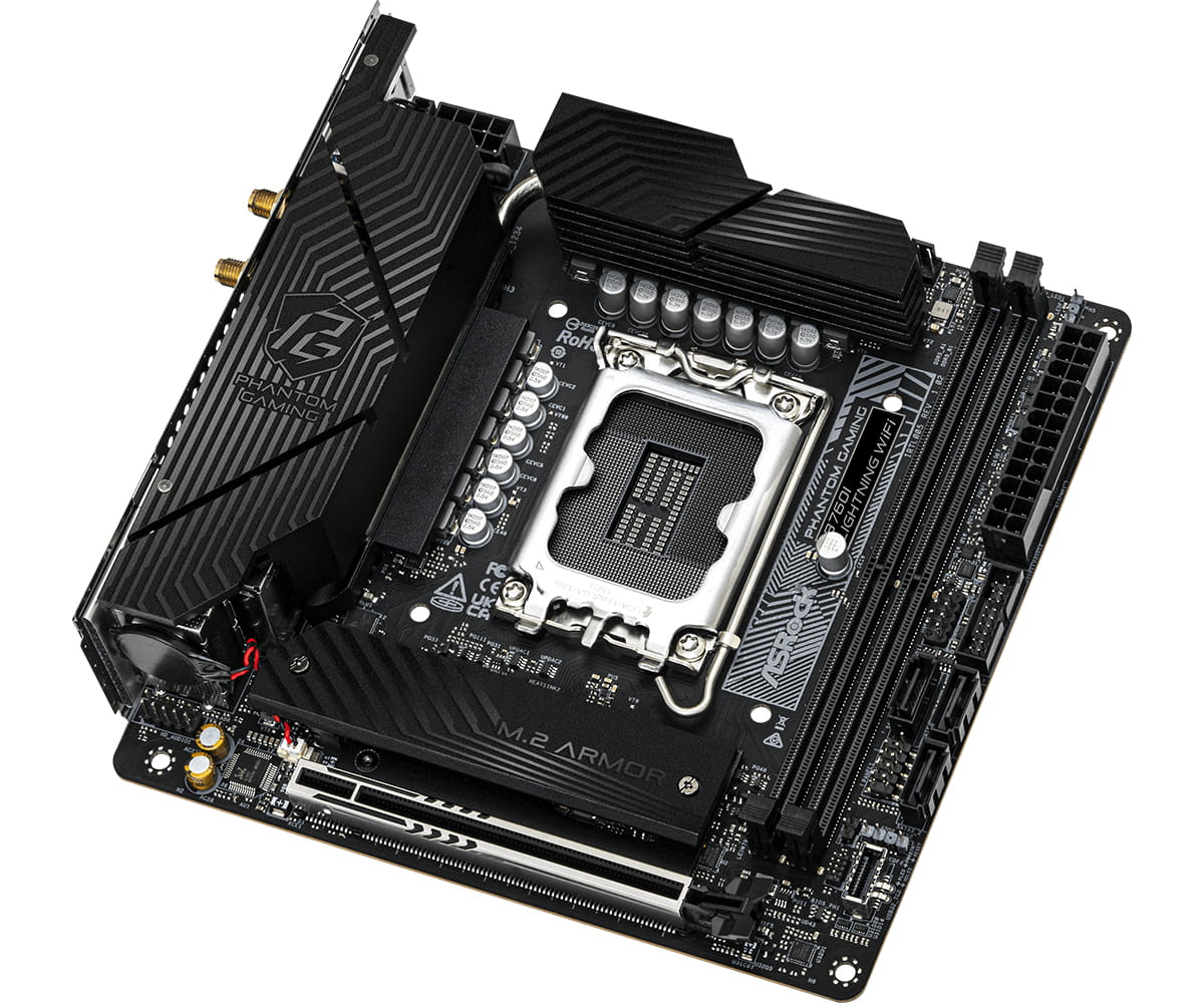 ASRock Phantom Gaming B760I LIGHTNING WIFI - Motherboard - Mini-ITX - LGA1700-Sockel - B760 Chipsatz - USB 3.2 Gen 1, USB 3.2 Gen 2, USB-C 3.2 Gen 1, USB-C 3.2 Gen2 - Wi-Fi 6E, Bluetooth - Onboard-Grafik (CPU erforderlich)