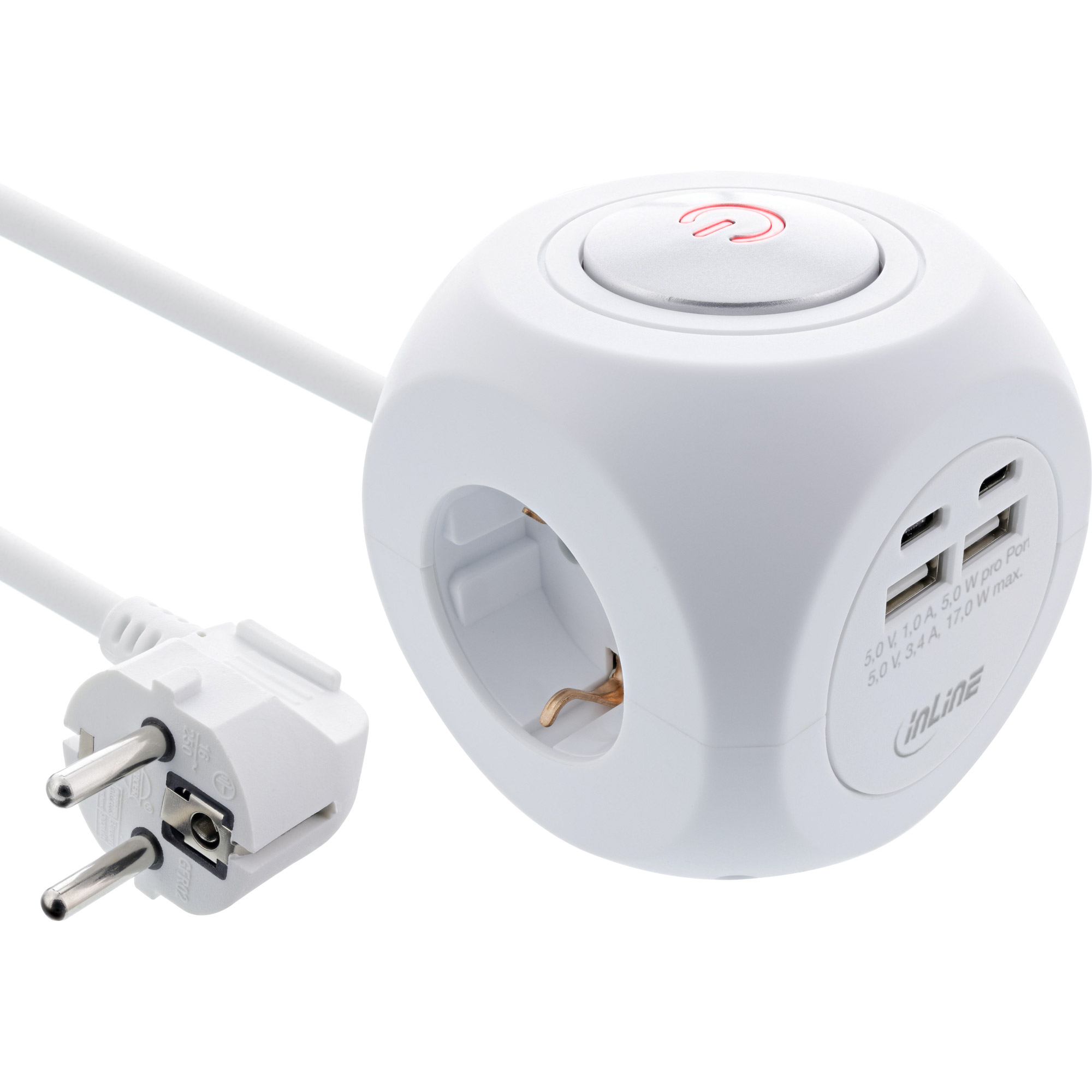 InLine Charging Cube - 3x Schutzkontakt - 2x USB-C - 2x USB-A - weiß - 2m