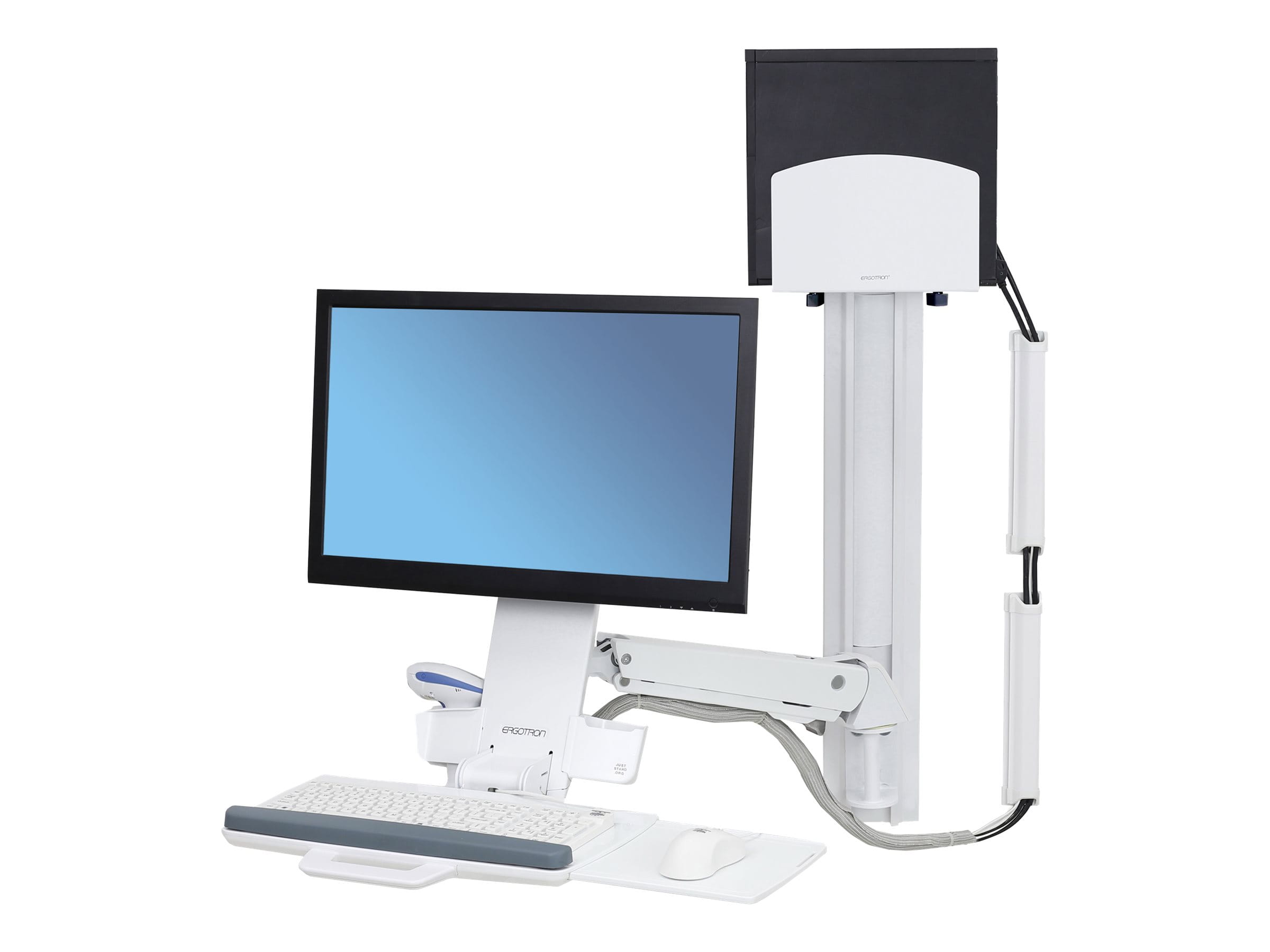Ergotron Sit-Stand Combo System Mit CPU-Halter klein - Befestigungskit (Griff, CPU-Halter, Maushalterung, 2 Schienenabdeckungen, 2 Kabelkanäle, Handgelenkkissen, Barcode-Scanner-Halter, CPU Wandhalterung, einstellbarer Monitorarm, Wandschiene 34", Monta