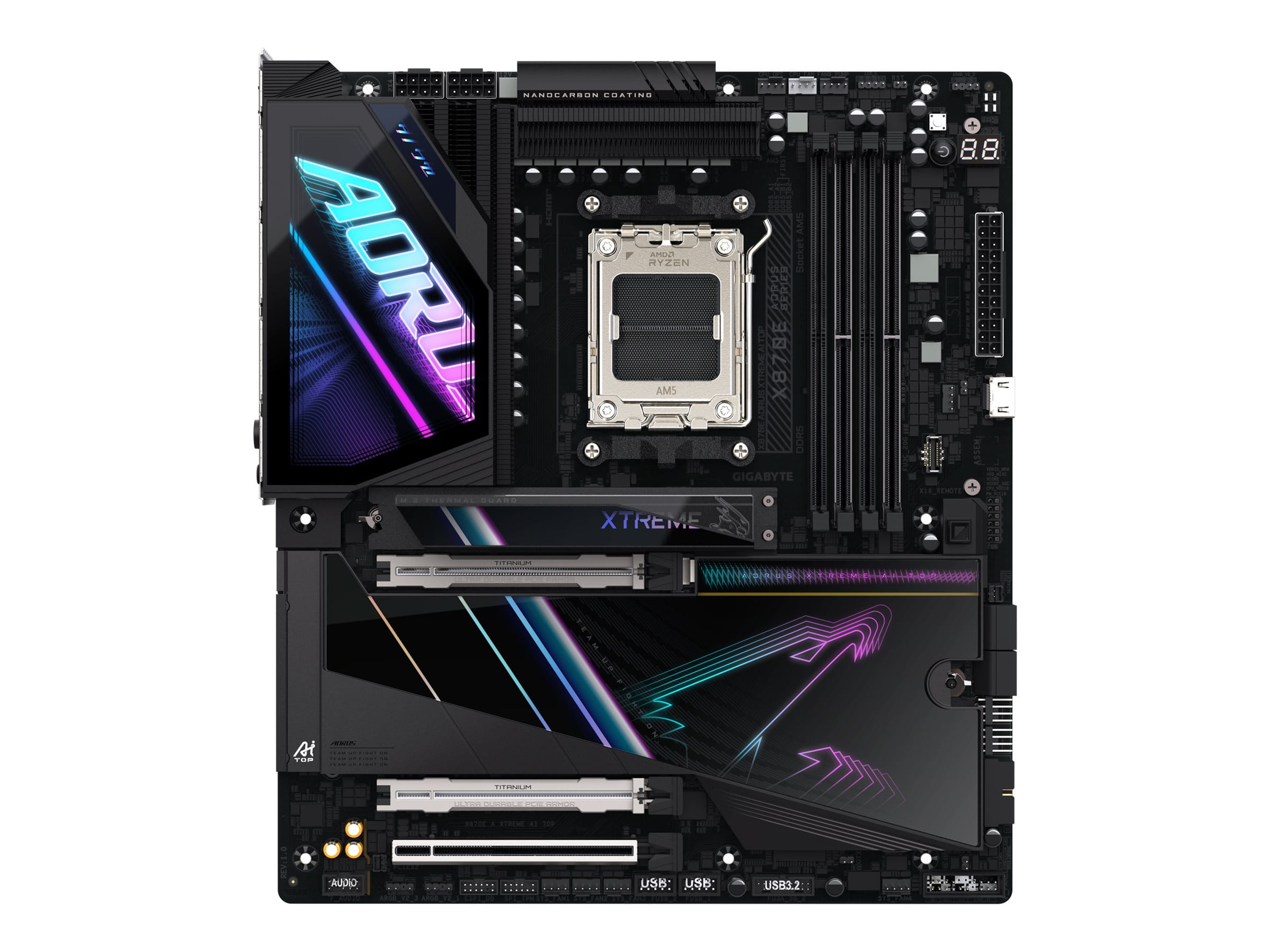 Gigabyte AORUS X870E XTREME AI TOP - Motherboard - ATX - Socket AM5 - AMD X870E Chipsatz - USB-C 3.2 Gen 2x2, USB 3.2 Gen 1, USB 3.2 Gen 2, USB4 - 2 x 10 Gigabit LAN, Bluetooth, Wi-Fi 7 - Onboard-Grafik (CPU erforderlich)