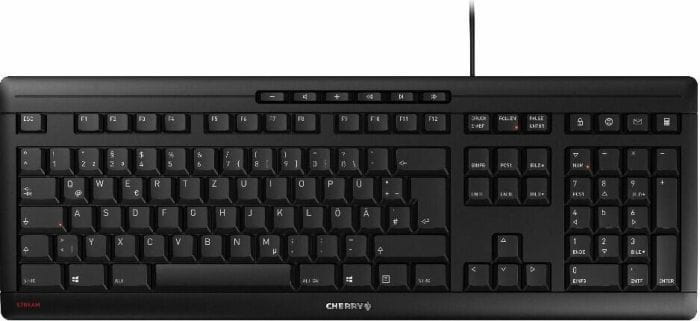 Cherry STREAM KEYBOARD, Volle Größe (100%), Kabelgebunden, USB, Mechanischer Switch, QWERTZ, Schwarz