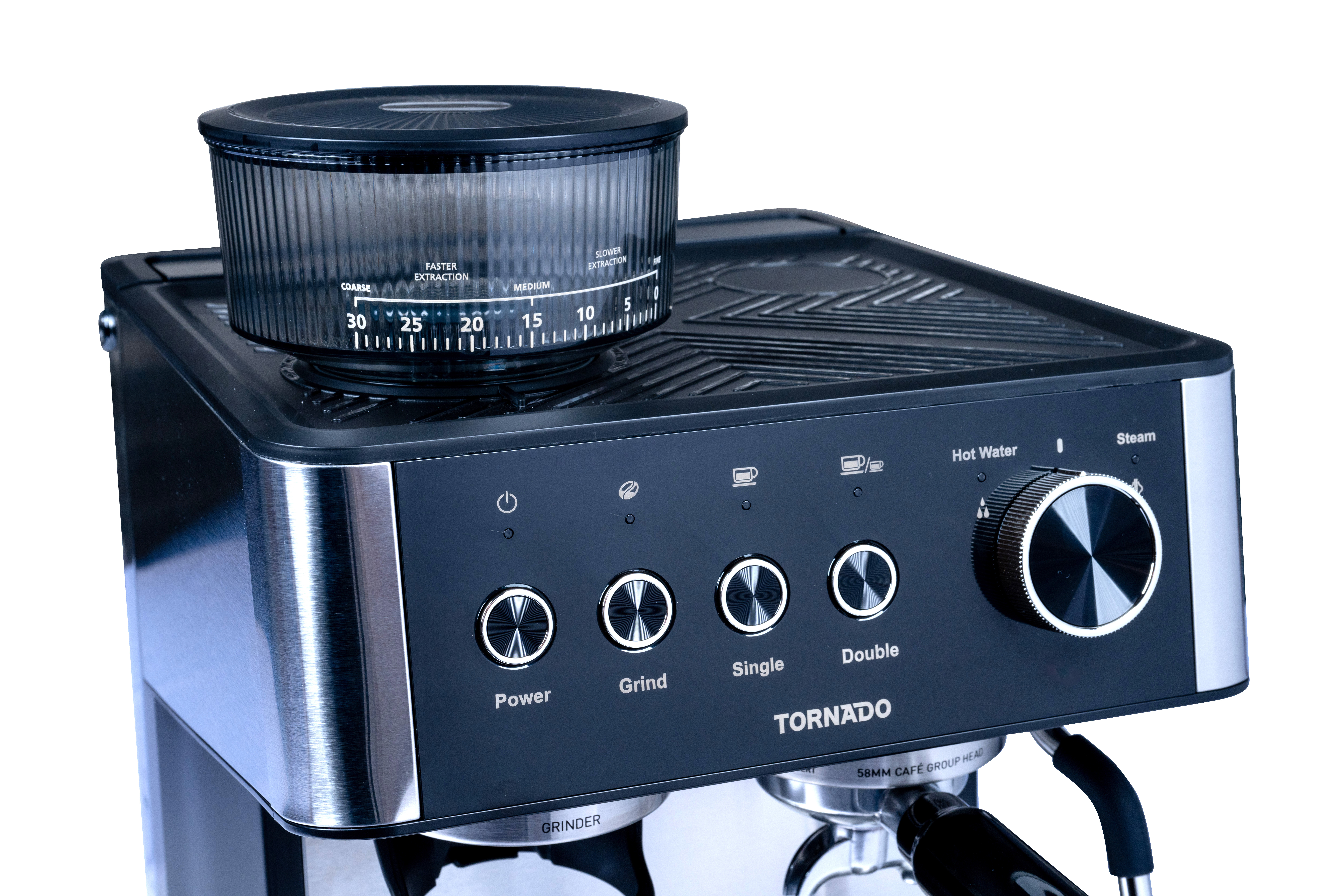 Tornado 20 Bar Siebträger-Kaffeemaschine TCM5431-GS. Ein Kraftpaket an Präzision und Innovation. Mit einer Kapazität von 270 Bohnen und einem 2,3-Liter-Wassertank, Espressomaschine, 2,3 l, Kaffeebohnen, Gemahlener Kaffee, Eingebautes Mahlwerk, Silber