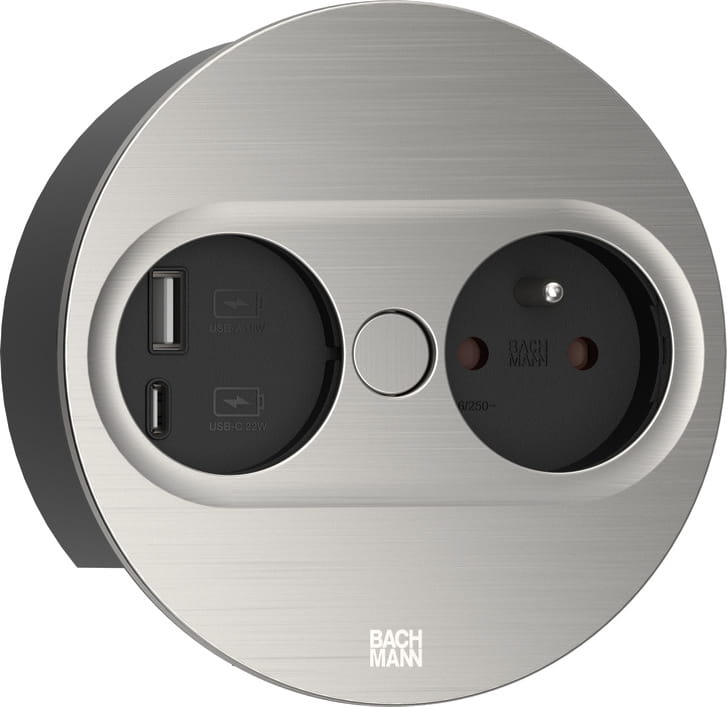 Bachmann 946.006, Type E + USB A + USB C, Desktop eingebettet, 4 cm, Tisch/Bank, Edelstahl, Metall, Kunststoff