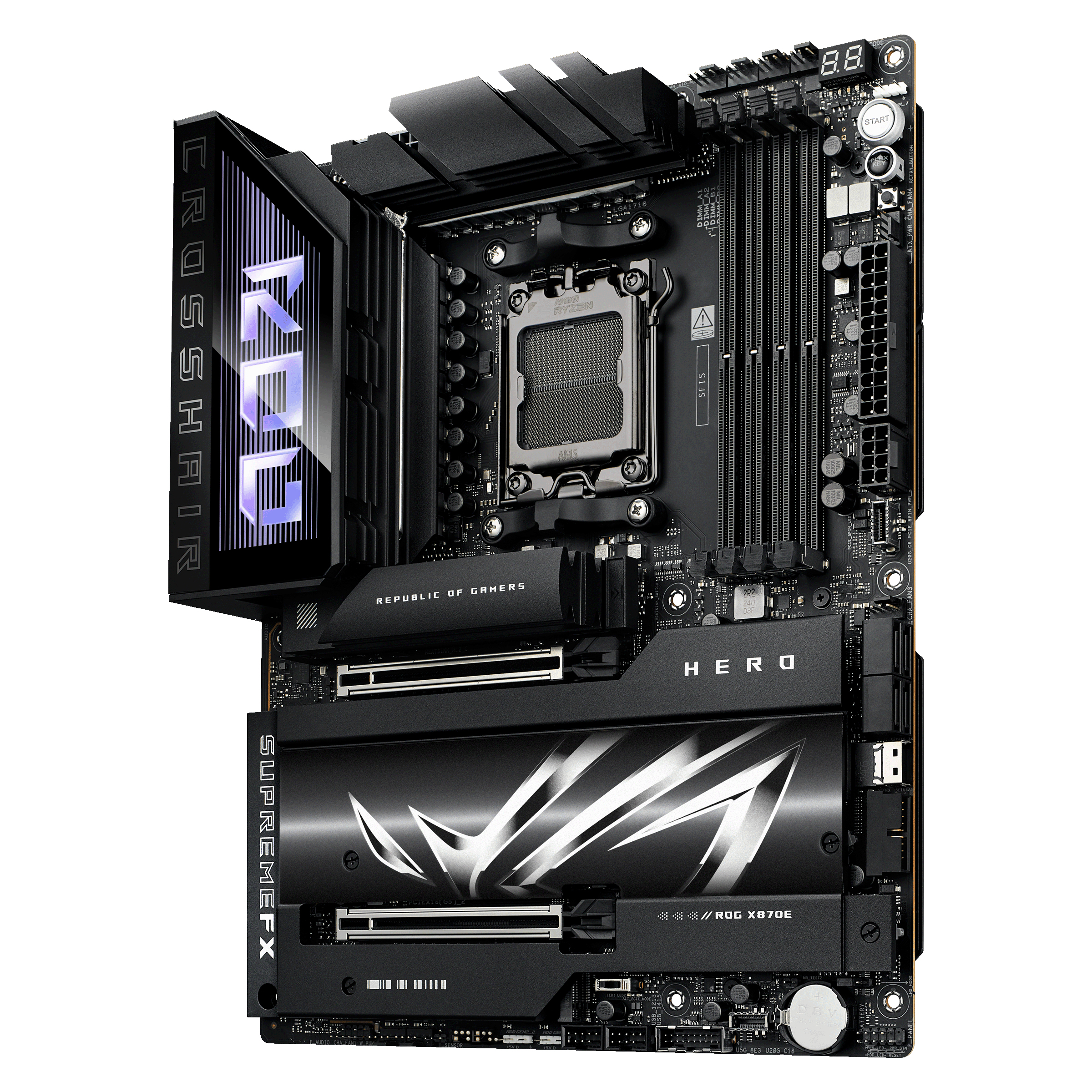 ASUS ROG CROSSHAIR X870E HERO - Motherboard - ATX - Socket AM5 - AMD X870E Chipsatz - USB4, USB 3.2 Gen 2, USB-C 3.2 Gen2, USB 3.2 Gen 1, USB-C 3.2 Gen 2x2 - Wi-Fi 7, Bluetooth, 5 Gigabit Ethernet - Onboard-Grafik (CPU erforderlich)