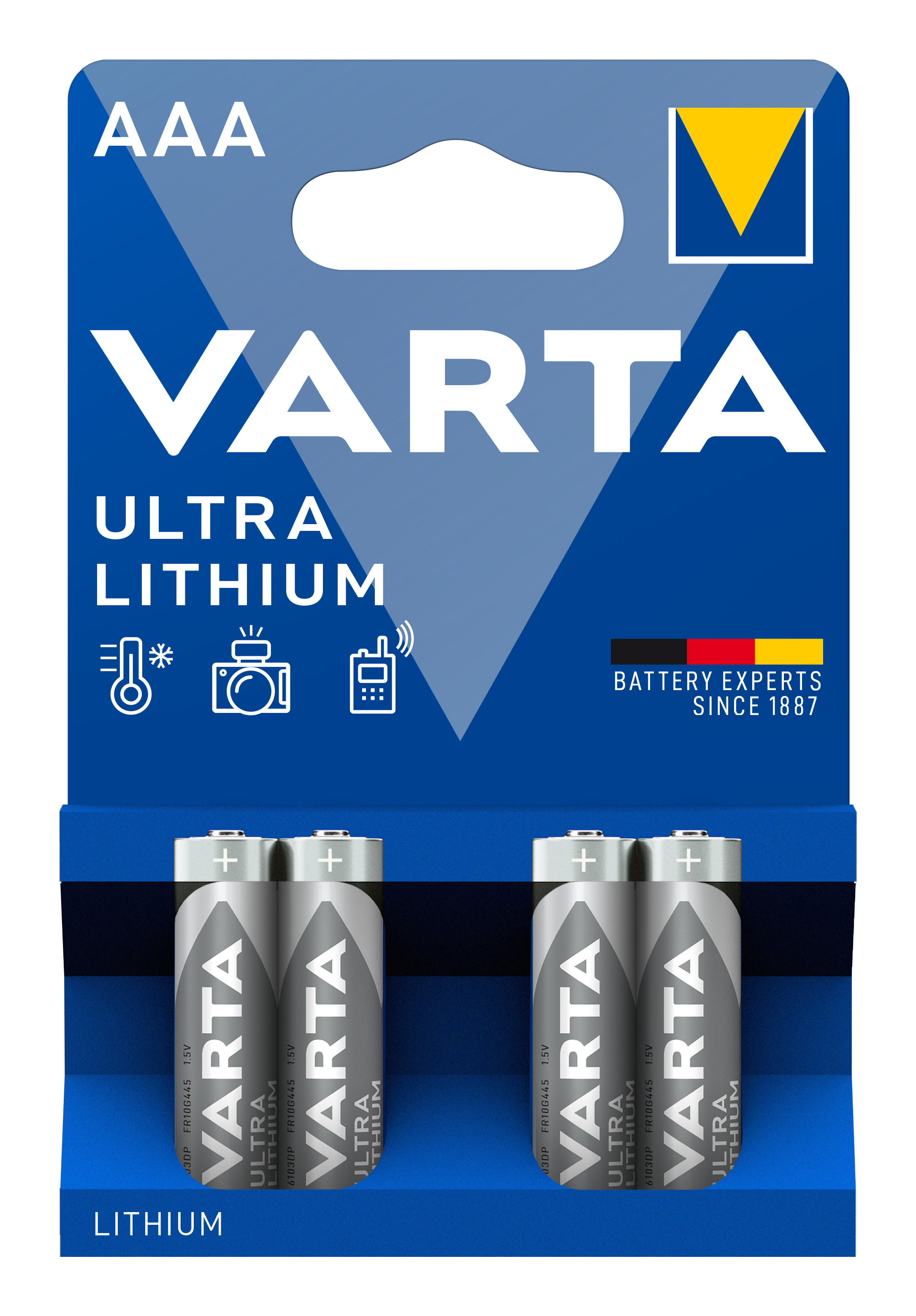 Varta Batterien AAA, 4 Stück, Ultra Lithium, 1,5V, ideal für Digitalkamera, Spielzeug, GPS Geräte, Sport- & Outdoor-Einsätze, Einwegbatterie, AAA, Lithium, 1,5 V, 4 Stück(e), 1100 mAh