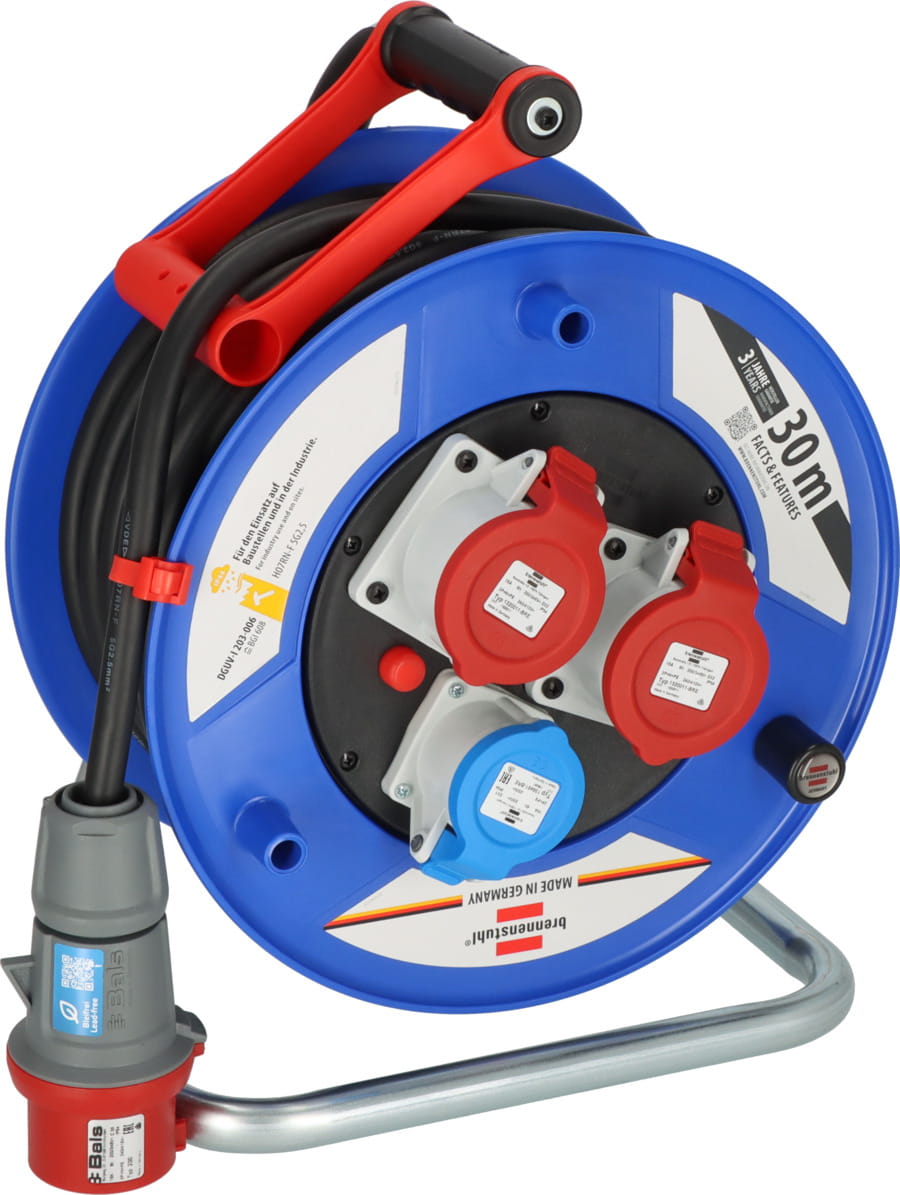 Brennenstuhl 1238020, 30 m, Draußen, IP44, Neopren, Kunststoff, Gummi, Schwarz, Blau, Rot, 3 AC-Ausgänge
