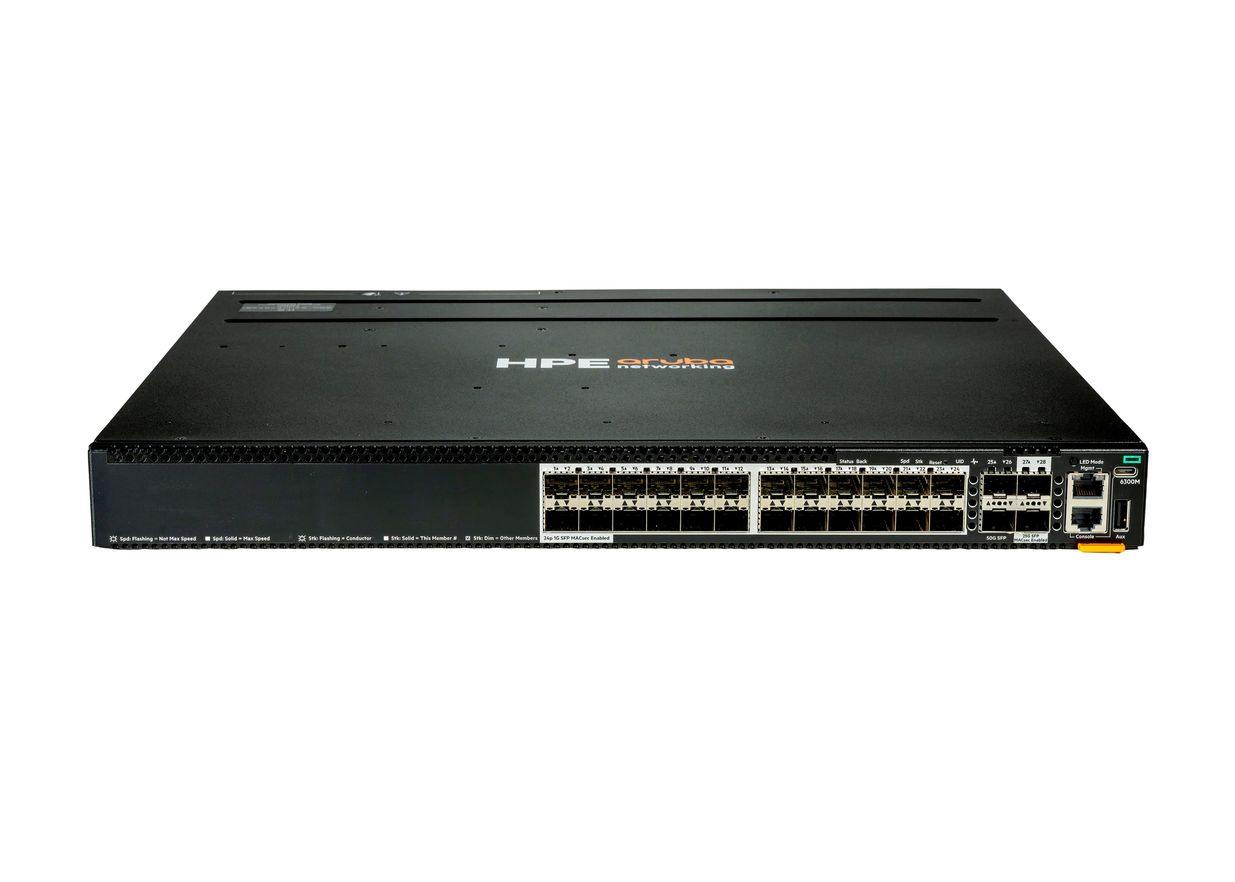 HPE Aruba Networking CX 6300M 24p SFP 1G 2p SFP56 50G 2p SFP28 25G MACsec - Switch - L3 - managed - 24 x Gigabit SFP + 2 x 10 Gigabit / 25 Gigabit SFP28 + 2 x 10 Gigabit / 25 Gigabit / 50 Gigabit SFP56 (uplink / stacking)