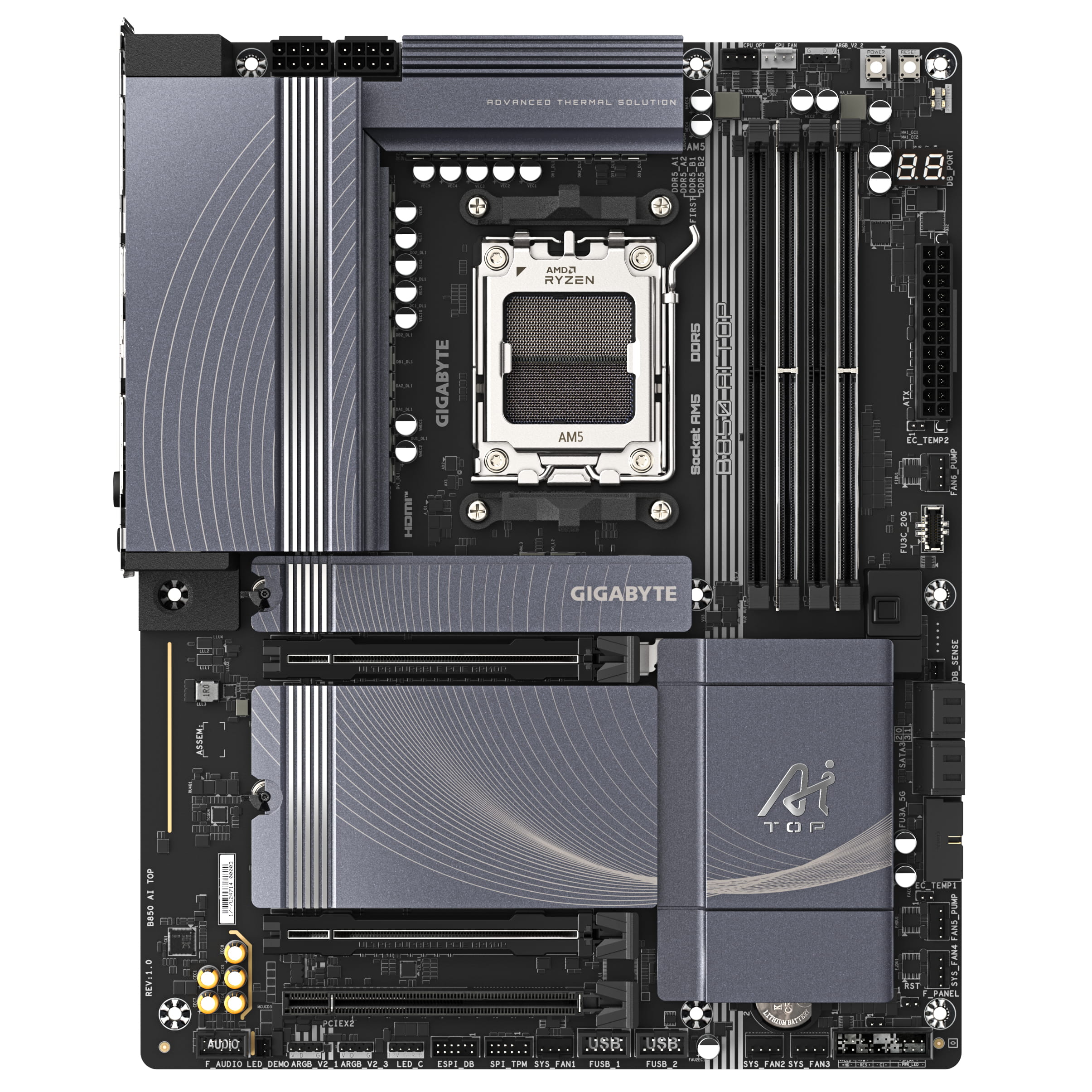 Gigabyte B850 AI TOP - Motherboard - ATX - Socket AM5 - AMD B850 Chipsatz - USB-C 3.2 Gen 2x2, USB 3.2 Gen 2, USB 3.2 Gen 1 - Wi-Fi 7, 2 x 10 Gigabit LAN, Bluetooth - Onboard-Grafik (CPU erforderlich)