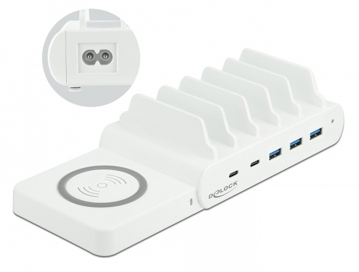 Delock USB and Wireless Charger - Ladestation + AC-Netzteil - 110 Watt - 5 A - PD - 5 Ausgabeanschlussstellen (3 x USB Typ A, 2 x USB-C)