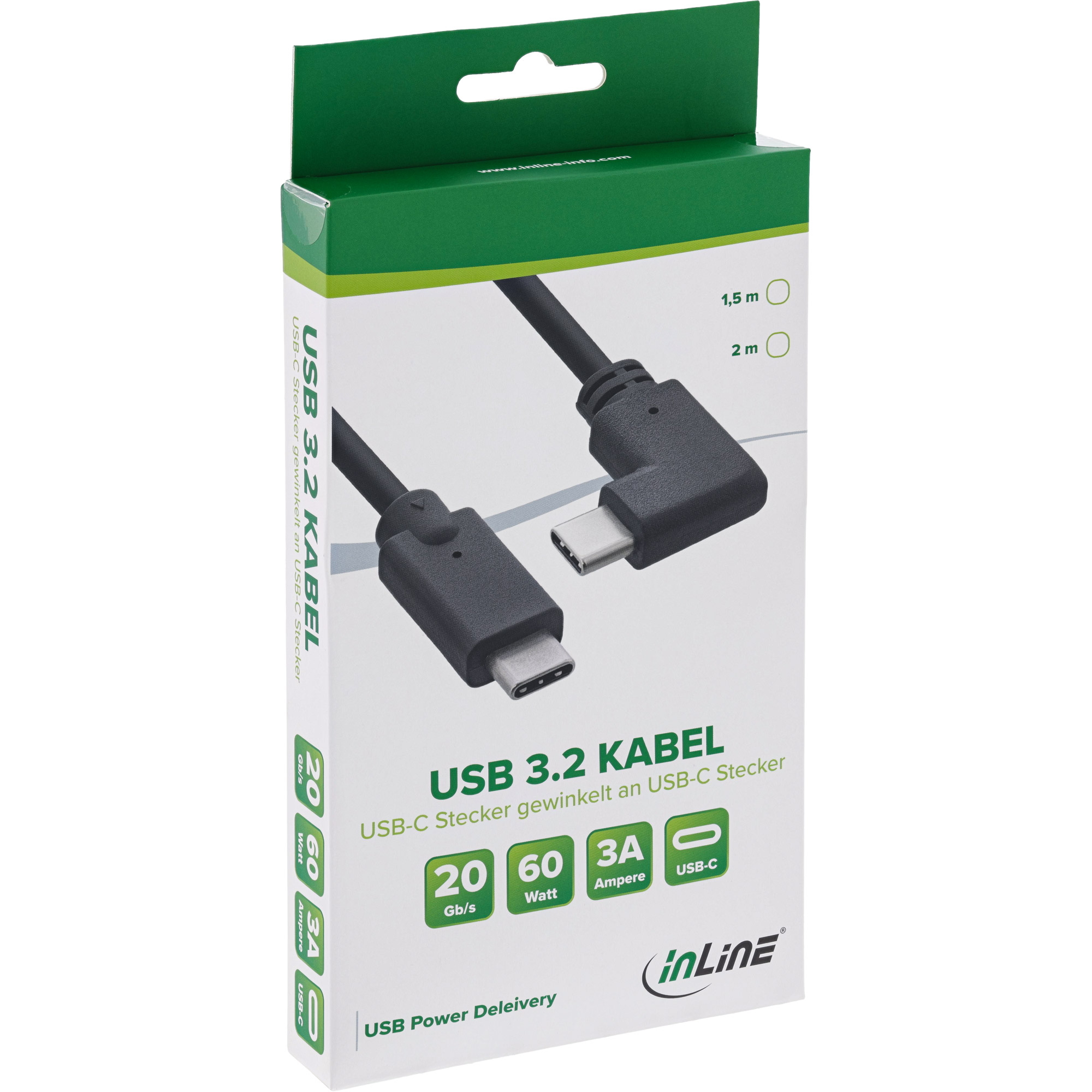 InLine USB-C Kabel gewinkelt - USB 3.2 Gen.2x2 - 20Gb/s - 100W - schwarz - 1,5m