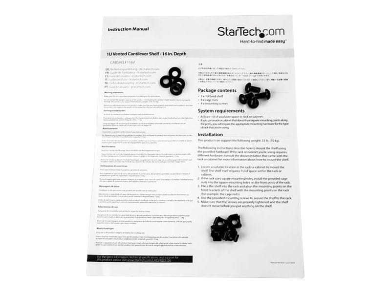 StarTech.com Startech Belüfteter Server Rack Fachboden 1 HE - 40,6 cm Tief - Stahl - Rack - Regal - Schwarz - 1U - 40.6 cm (16")