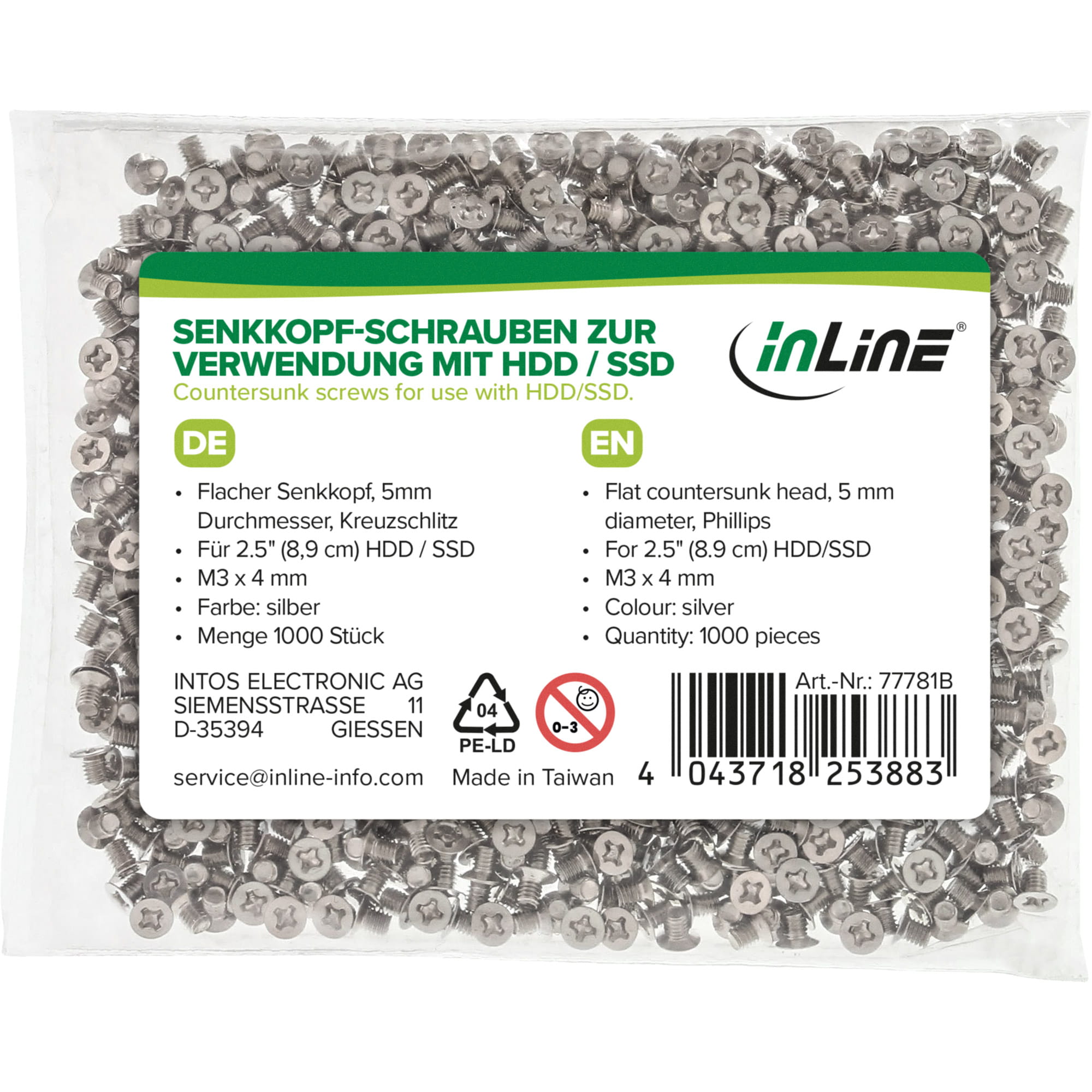 InLine Schraubenset - f. 2,5" HDD/SSD - 3mm - flacher Senkkopf - silber 1000er Pack