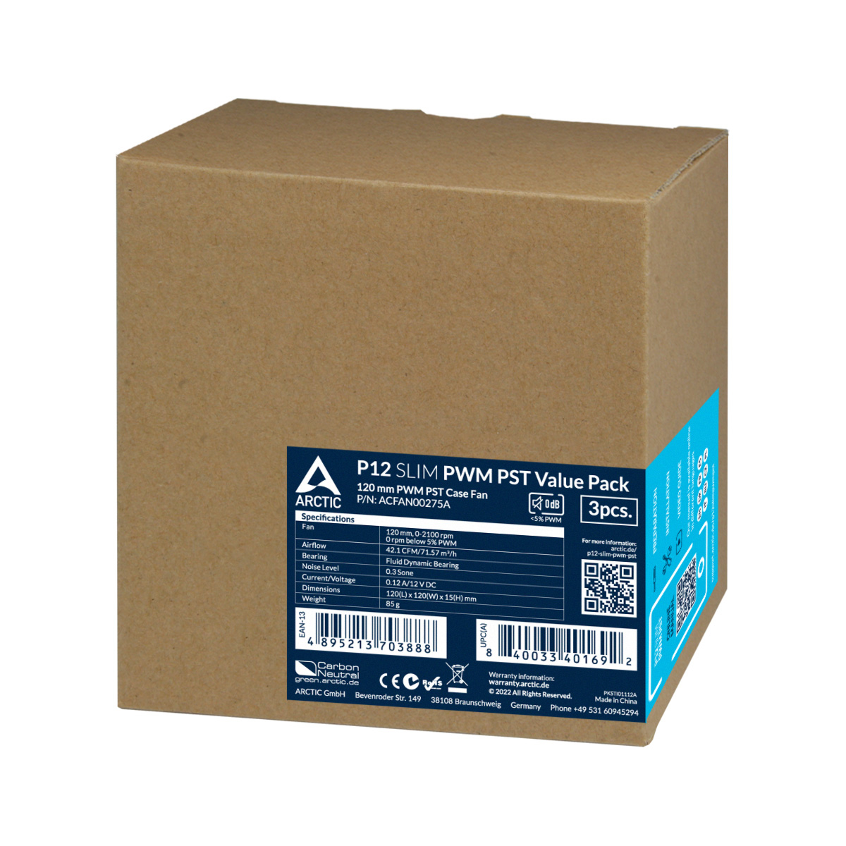 Arctic P12 Slim PWM PST 120 mm PWM Lüfter optimiert für statischen Druck mit integriertem Y-Kabel, Ventilator, 12 cm, 2100 RPM, 0,3 Sone, 41,1 cfm, 71,53 m³/h