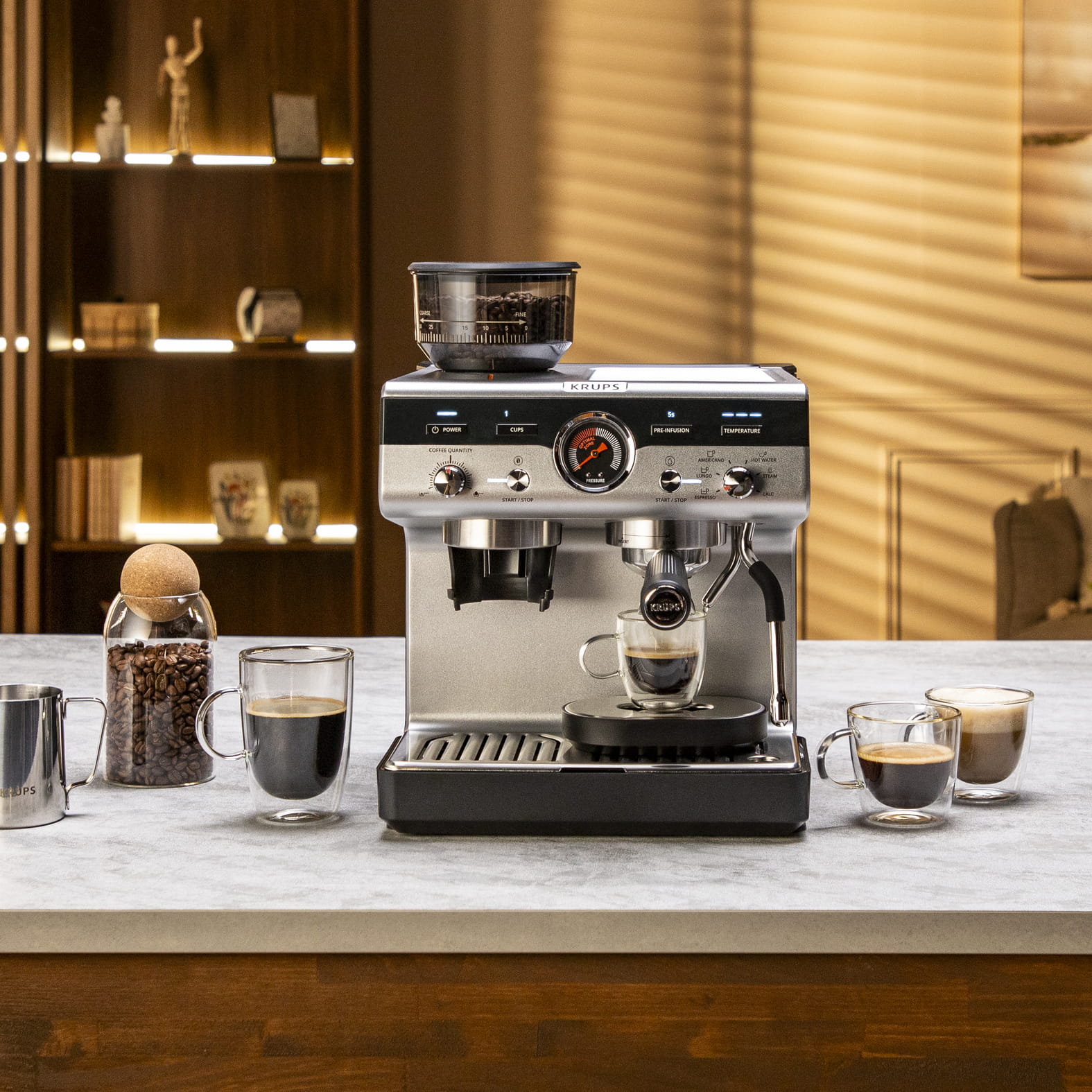 Krups Precision Siebträgermaschine XP801T, Espressomaschine, 3 l, Gemahlener Kaffee, Eingebautes Mahlwerk, Schwarz, Edelstahl