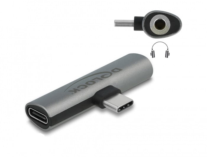 Delock USB-C zu Kopfhöreranschluss / Ladeadapter - USB-C männlich zu USB-C, Mini-Stecker weiblich - Grau - USB Power Delivery (60W)