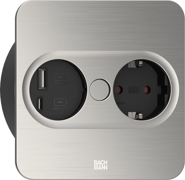 Bachmann 946.005, Type F + USB A + USB C, Desktop eingebettet, 4 cm, Tisch/Bank, Edelstahl, Metall, Kunststoff