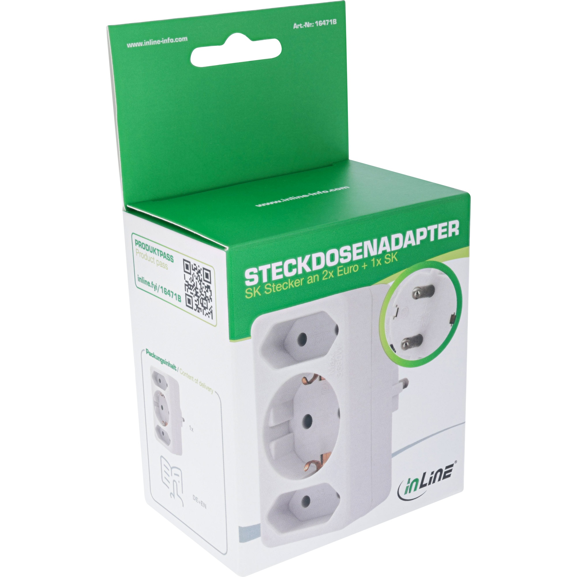 InLine Steckdosenadapter - Schutzkontakt Stecker an 2x Euro + 1x SK - weiß