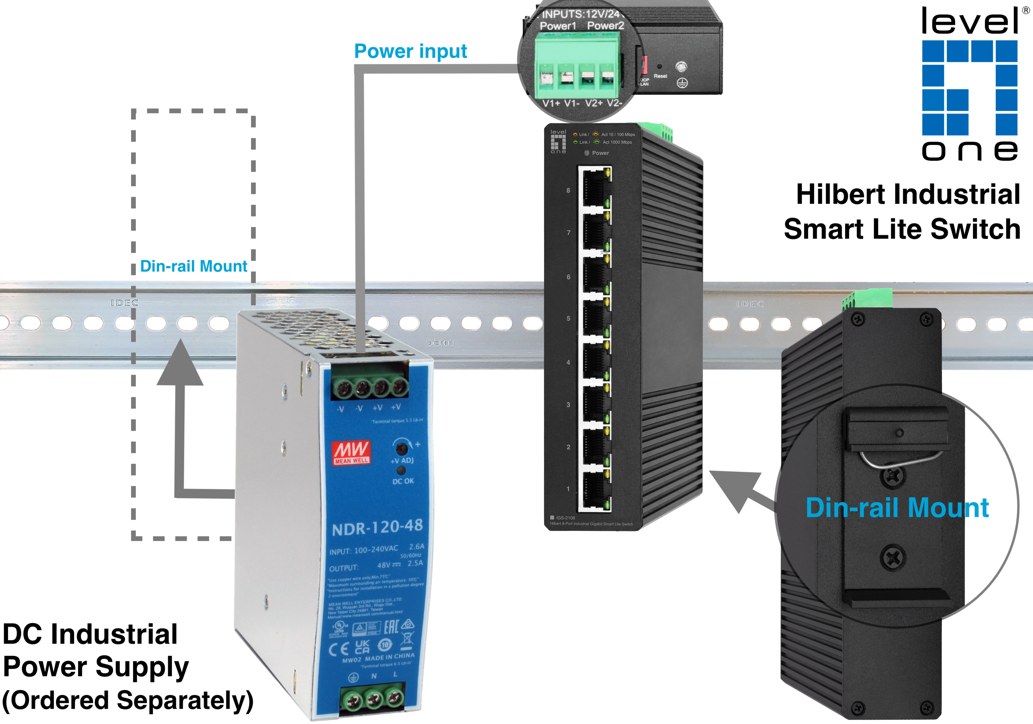 LevelOne Hilbert 8-Port Industrial Gigabit Smart Lite Switch, Managed, L2, Gigabit Ethernet (10/100/1000), Vollduplex