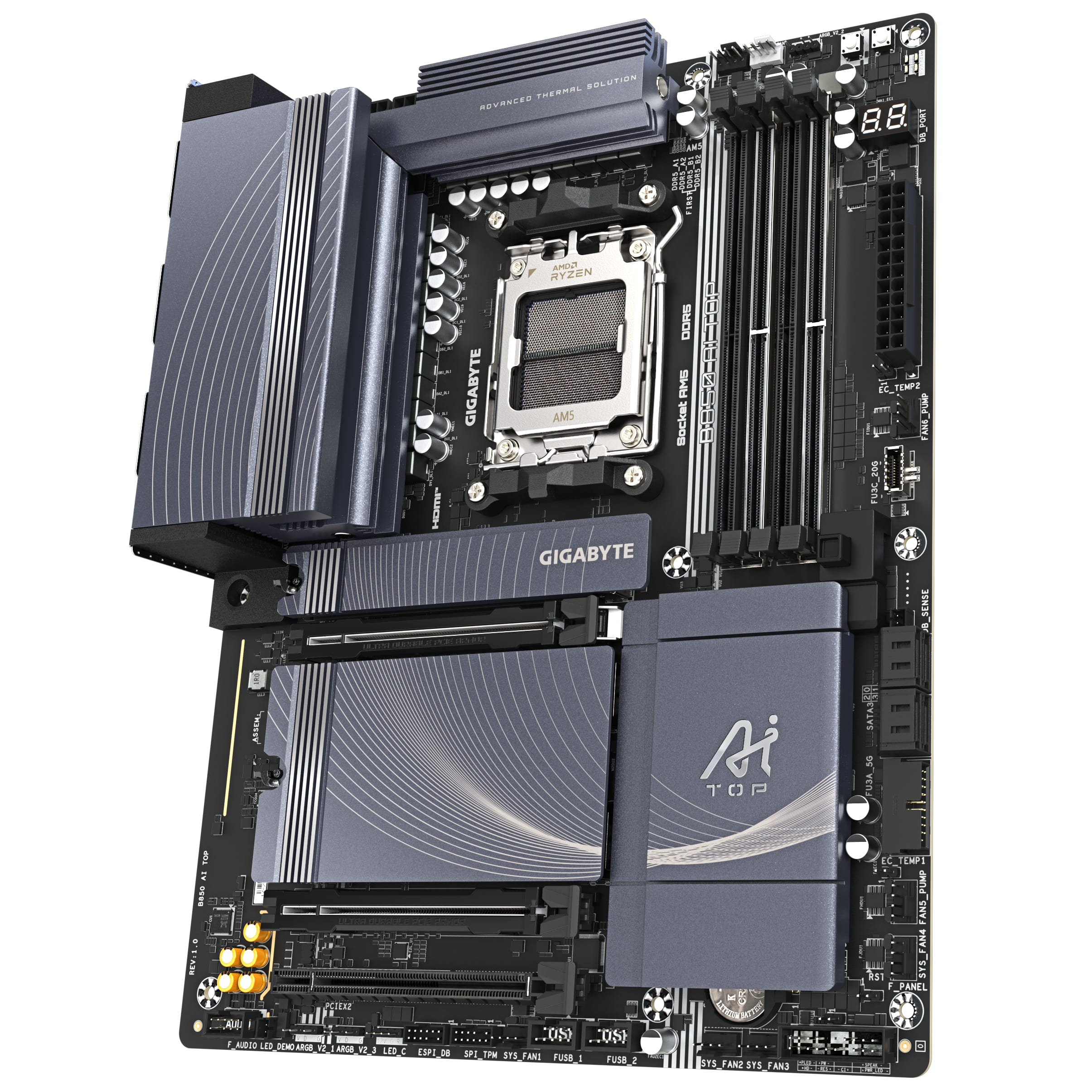 Gigabyte B850 AI TOP - Motherboard - ATX - Socket AM5 - AMD B850 Chipsatz - USB-C 3.2 Gen 2x2, USB 3.2 Gen 2, USB 3.2 Gen 1 - Wi-Fi 7, 2 x 10 Gigabit LAN, Bluetooth - Onboard-Grafik (CPU erforderlich)