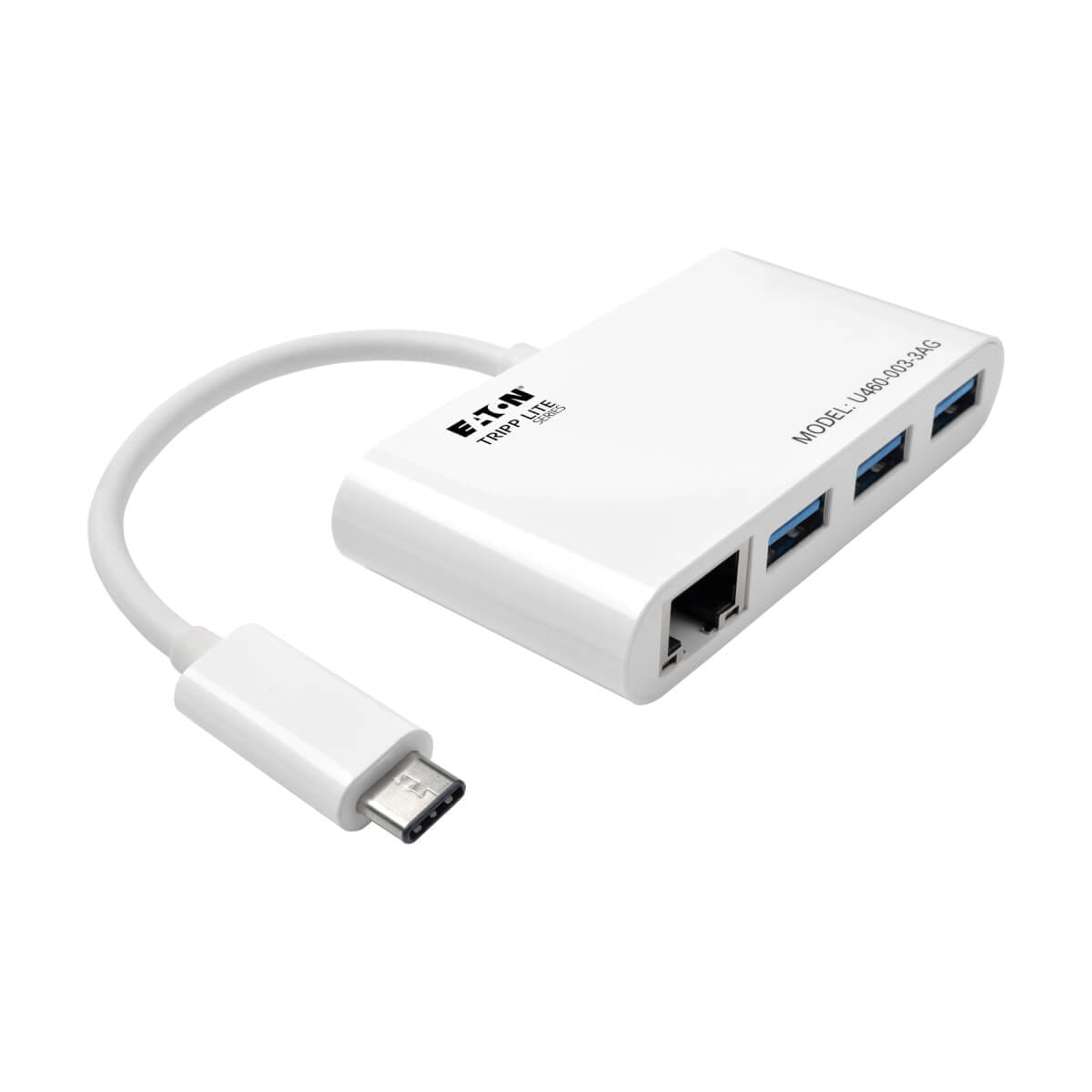 Tripp U460-003-3AG 3-Port USB 3.x (5 Gbps) Nabe mit LAN-Port, USB-C auf 3x USB-A-Ports und Gigabit Ethernet, Weiß, USB 3.2 Gen 1 (3.1 Gen 1) Type-C, Weiß, RJ-45, USB 3.2 Gen 1 (3.1 Gen 1) Type-A, Vietnam, USB, 0 - 50 °C