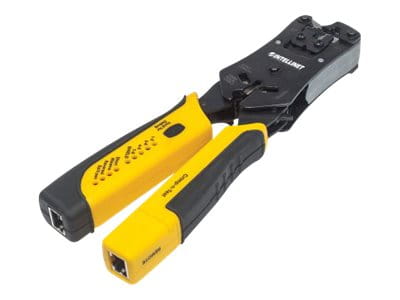 Intellinet Universal Crimpwerkzeug und Kabeltester, 2-in-1-Werkzeug zum Schneiden, Abisolieren, Crimpen und Testen
