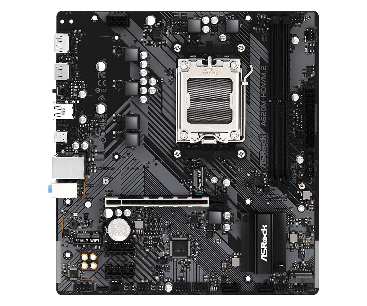 ASRock A620M-HDV/M.2 - Motherboard - micro ATX - Socket AM5 - AMD A620 Chipsatz - USB 3.2 Gen 1, USB-C 3.2 Gen 1 - Gigabit LAN - Onboard-Grafik (CPU erforderlich)