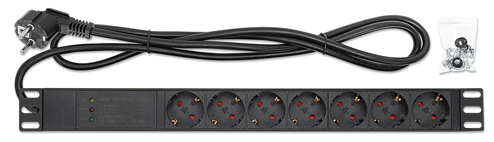 Intellinet 715140, 1U, Einphasig, Aluminium, Schwarz, 7 AC-Ausgänge, Typ F
