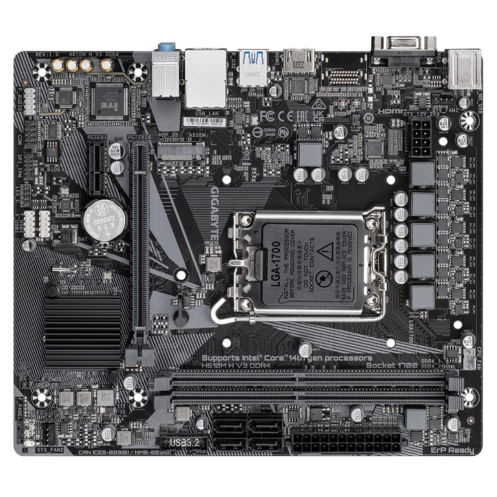 Gigabyte H610M H V3 DDR4 Mainboard - Unterstützt Intel Core Prozessoren 14th CPUs, 4+1+1 Hybrid Phases Digital VRM, up to 3200MHz DDR4, 1xPCIe 3.0 M.2, GbE LAN, USB 3.2 Gen 1, Intel, LGA 1700, Intel® Celeron®, Intel® Core™ i3, Intel® Core™ i5, I