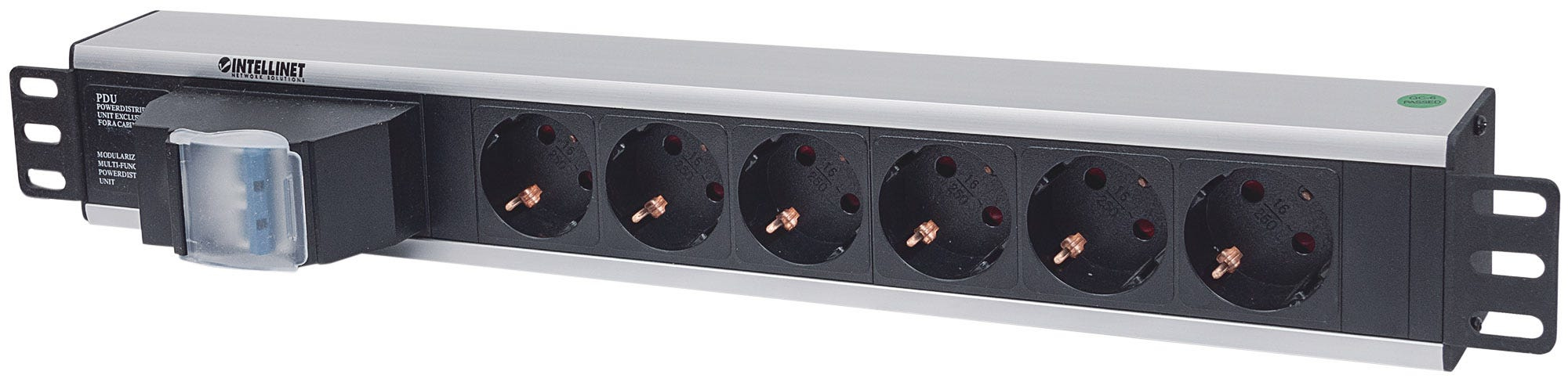 Intellinet 19" 1.5U Rackmount 6-Way Power Strip - German Type", With Double Air Switch, No Surge Protection, 1.6m Power Cord - Stromverteilungseinheit (Rack - einbaufähig)