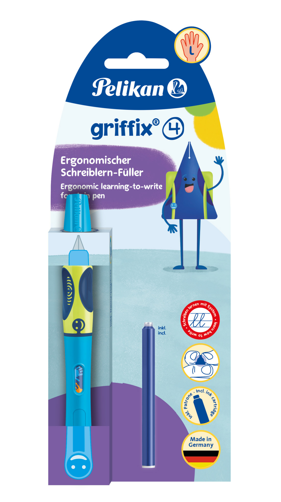 Pelikan griffix® Füller für Linkshänder, Neon Fresh Blue, Blau, Kartuschenfüllsystem, Blau, Kunststoff, Edelstahl, Linkshändig