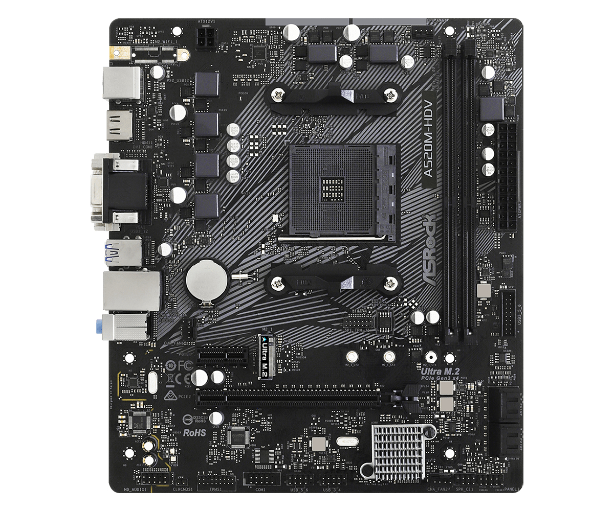 ASRock A520M-HDV - Motherboard - micro ATX - Socket AM4 - AMD A520 Chipsatz - USB 3.2 Gen 1 - Gigabit LAN - Onboard-Grafik (CPU erforderlich)