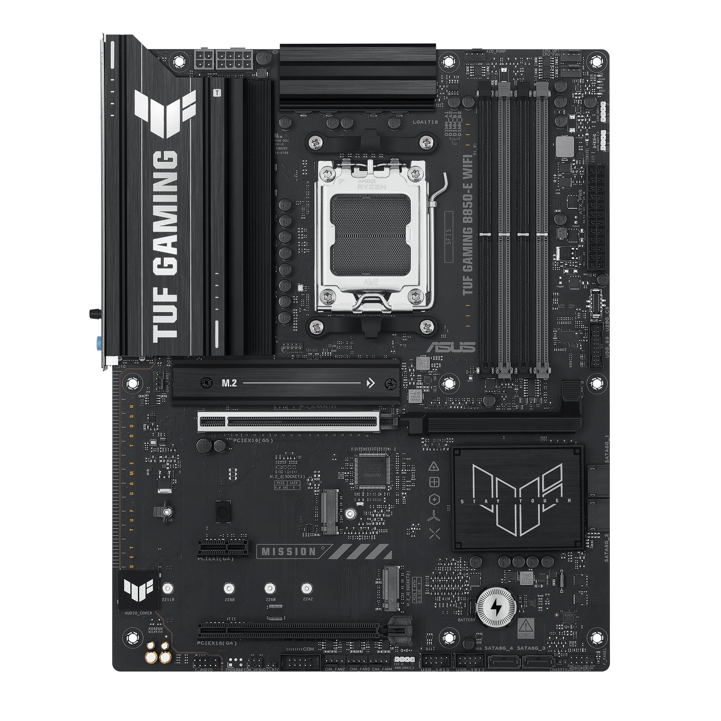 ASUS TUF GAMING B850-E WIFI - Motherboard - ATX - Socket AM5 - AMD B850 Chipsatz - USB-C 3.2 Gen2, USB 3.2 Gen 1, USB 3.2 Gen 2, USB-C 3.2 Gen 2x2, USB4 - Wi-Fi 6E, 2.5 Gigabit LAN, Bluetooth - Onboard-Grafik (CPU erforderlich)