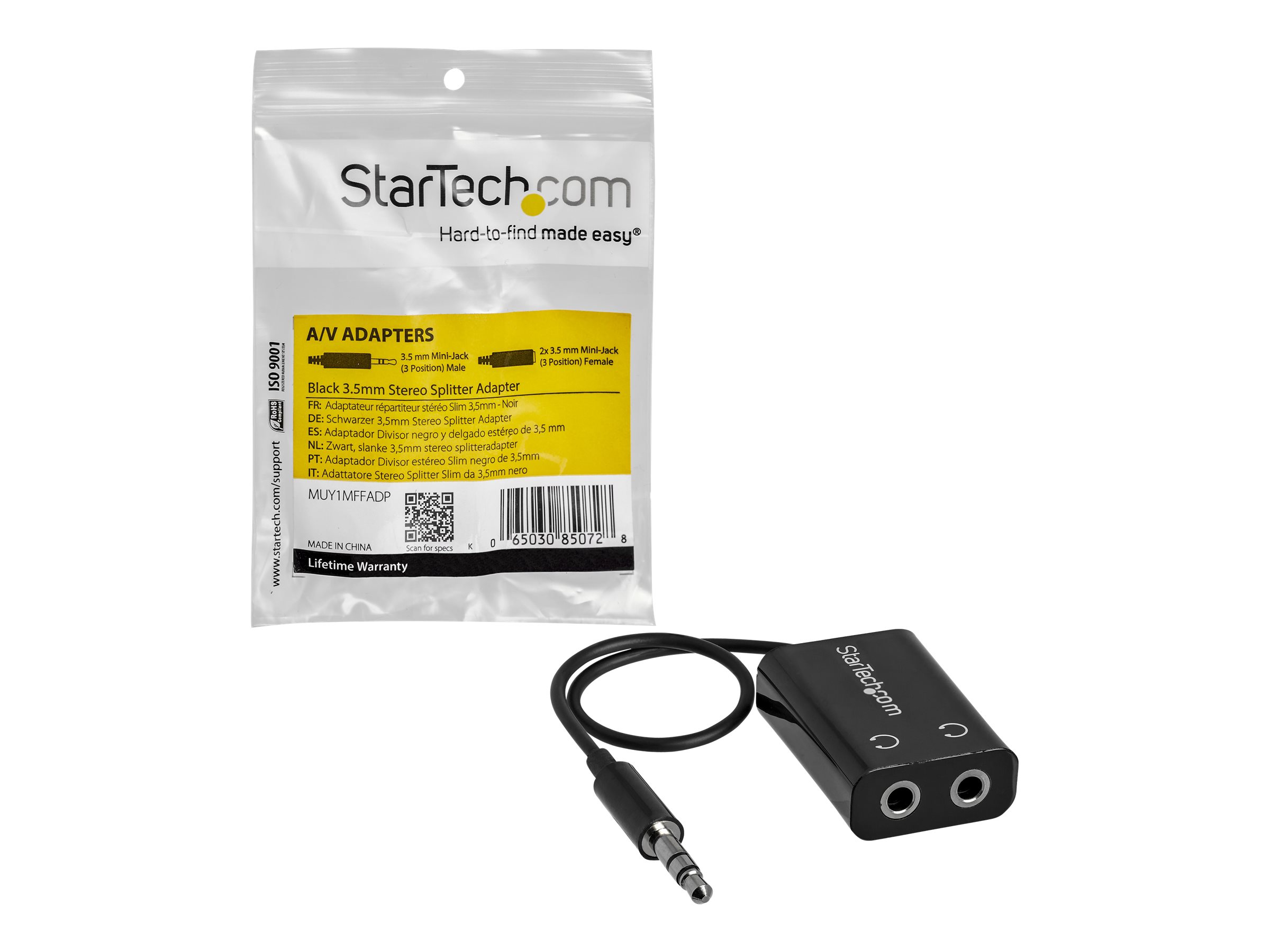 StarTech.com Startech Black Slim Mini Jack Headphone Splitter Cable Adapter - 3.5mm Audio Mini Stereo Y Splitter - 3.5mm Male to 2x 3.5mm Female (MUY1MFFADP)